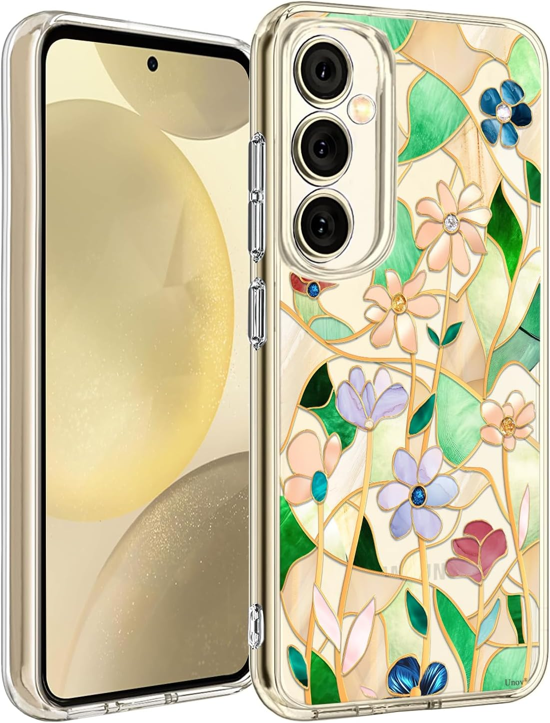 Unov Case Compatible with Galaxy S25 Galaxy S24 Case Clear with Design Soft TPU Shock Absorption Slim Embossed Pattern Protective 6.2 Inch (Stained Glass Flower)