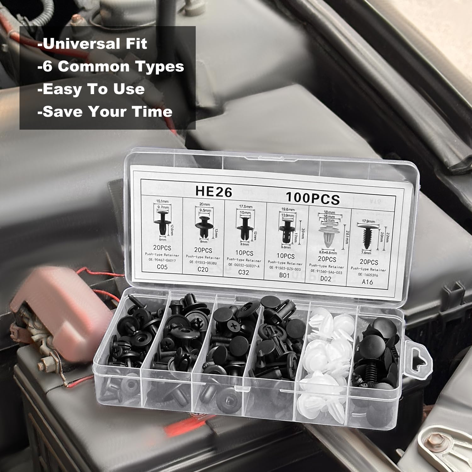 100PCS Universal Car Retainer Clips, Push-Type Auto Bumper Retainer Fasteners with 5 Removal Tools, Plastic Car Clips Set for Car Door,Bumper,Fender image number 1