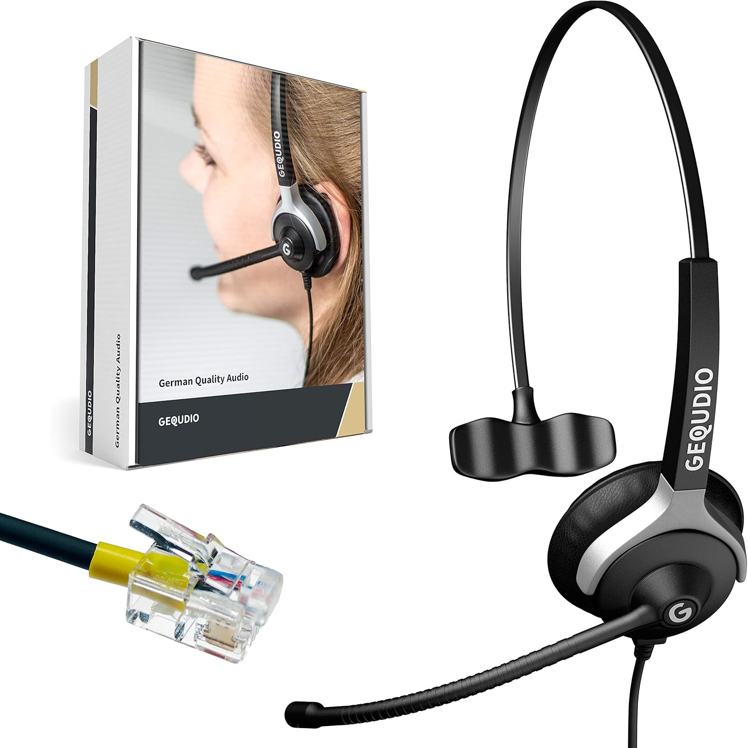 GEQUDIO Headset for GX3+ GX5+ and Compatible with Mitel, Aastra, Poly/Polycom and Gigaset-Rj Phone - Includes RJ Cable - Headphones & Microphone with Replacement Pad - Lightweight 60G (1-Ear) image number 1