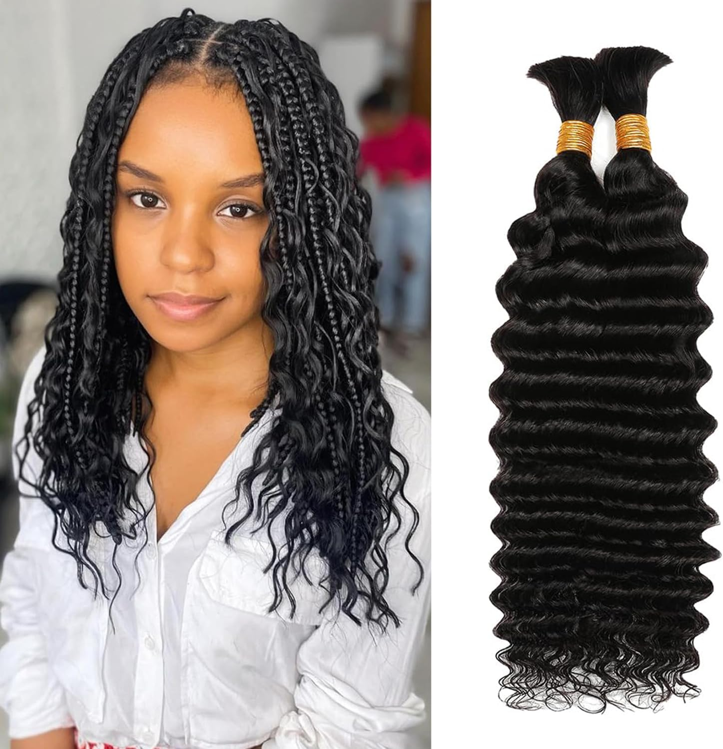 Deep Wave Bulk Human Hair for Boho Braids Human Braiding Hair for Micro Braid 100% No Weft Brazilian Virgin Curly Human Hair Extensions for Boho Braids (Deep Wave 1B#, 18Inch 100G(50Gx2Bundles))