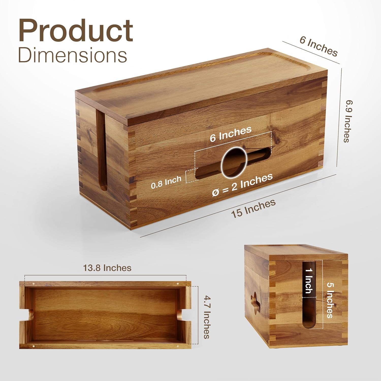 Acacia Cable Management Box - Cable Organizer Box and Power Strip Box for Electrical Cord Management - Desk Cord Hider and Floor Cable Management (Acacia, 15" Length) image number 2