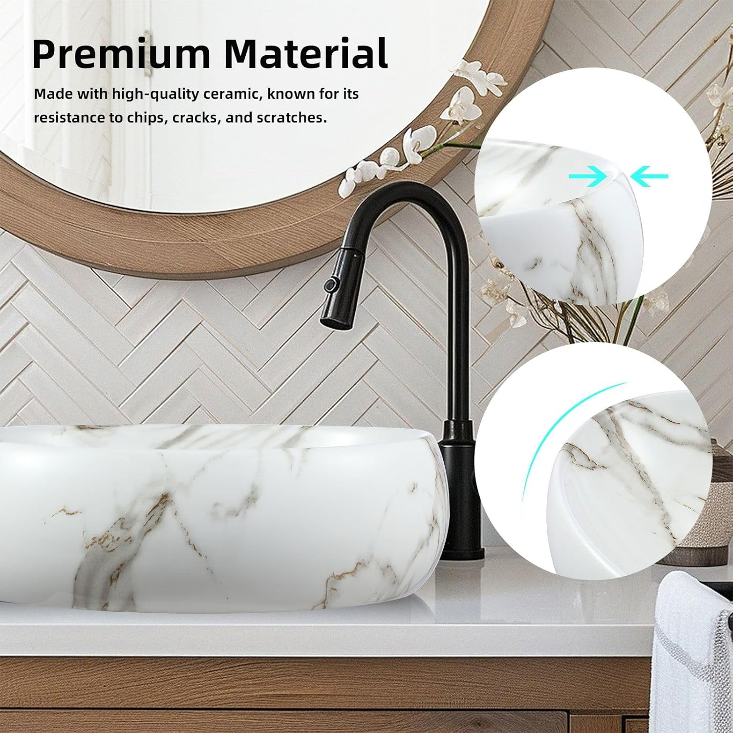 Ceramic Bathroom Sink Vessel Oval Vanity Hand Wash Basin Washing Bowl above Counter Toilet Bath Countertop White image number 4