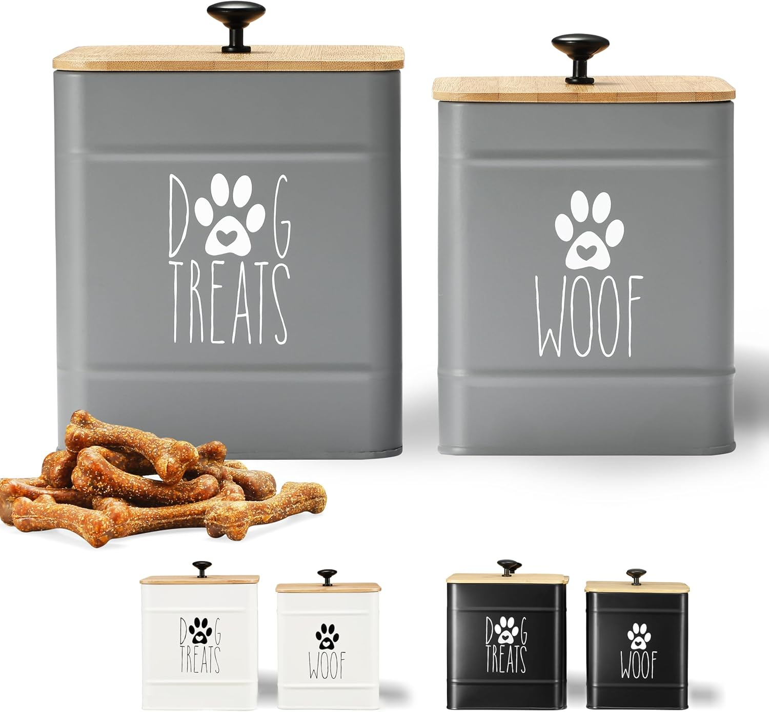 PERFNIQUE Dog Treat Container Set of 2 with Airtight Lid, Dog Cookie Jar for Kitchen Counter, Pet Treat Canister and Storage, 7.8X6.2 & 7.3X5.5 (Grey)