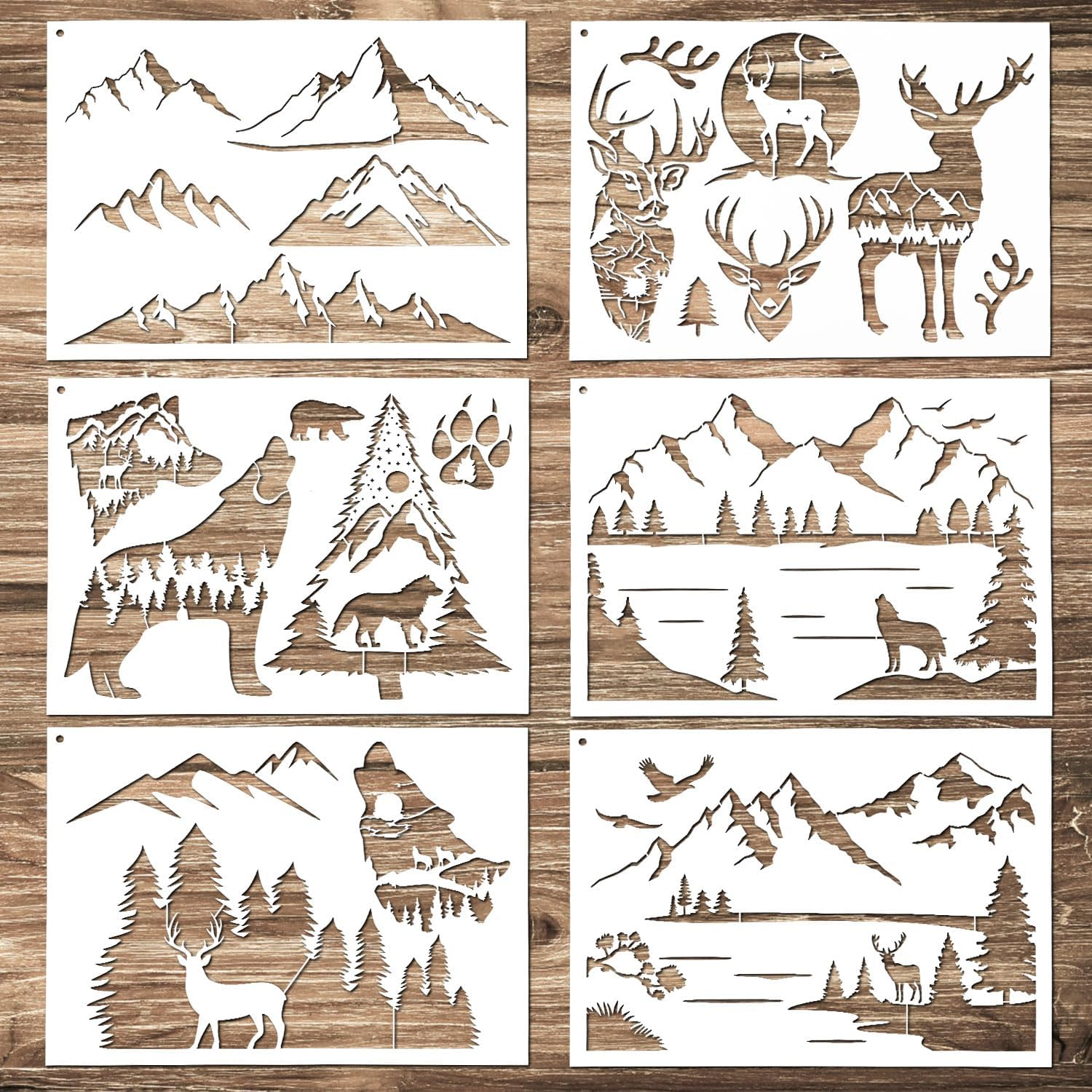 6Pcs Mountain Stencils for Painting on Wood, Reusable Wood Burning Stencils Pine Tree Wildlife Deer Template Forest Pattern Stencils for Wall Drawing Fabric Furniture Canvas Crafts image number 2