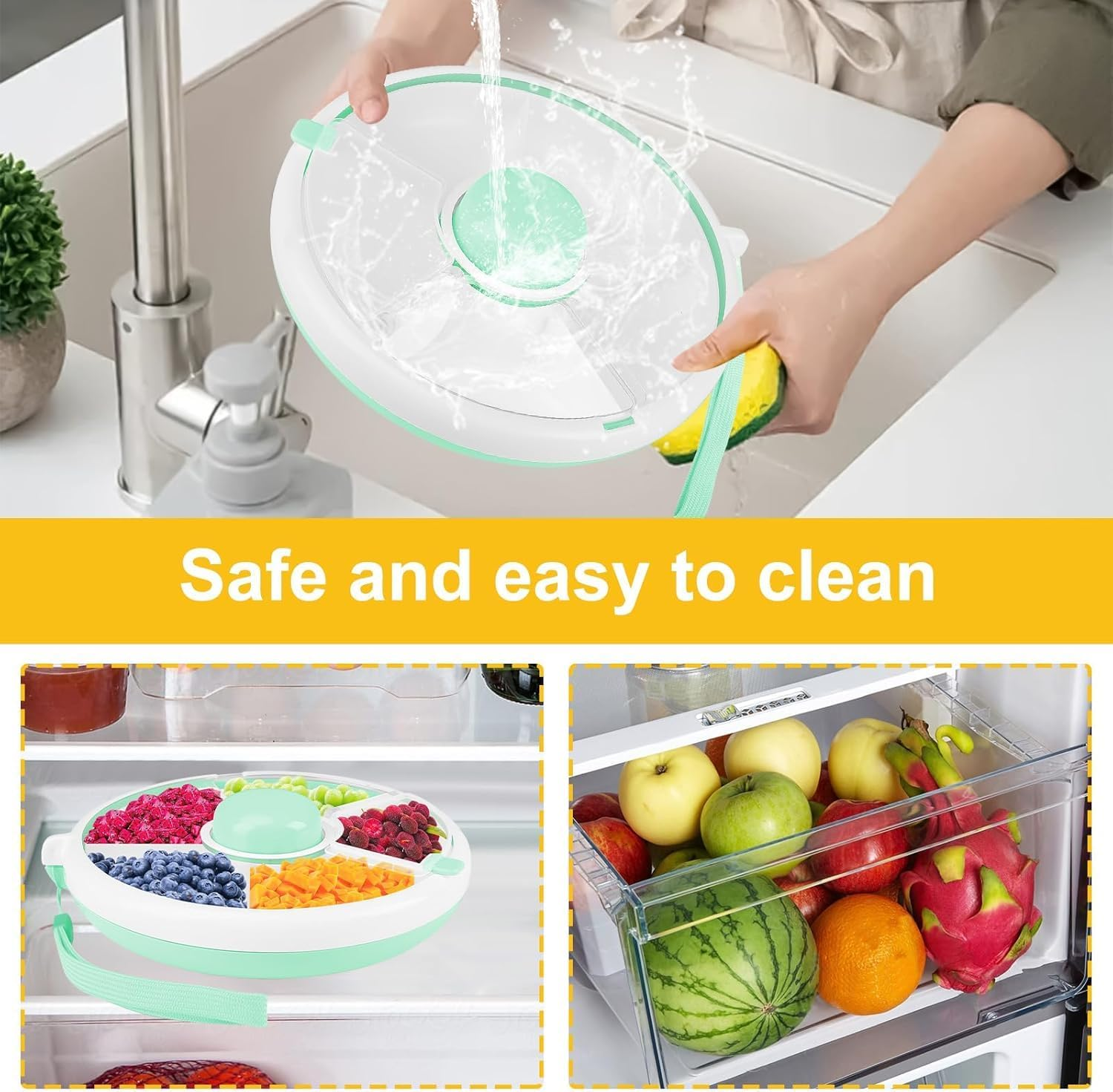 Walquicks Snack Spinner with Hand Strap Reusable Snack Container with 5 Compartments and Lid, Portable Melon Candy Seeds Organizer Storage Boxes, Leak-Proof Divided Snack Serving Tray for Travel