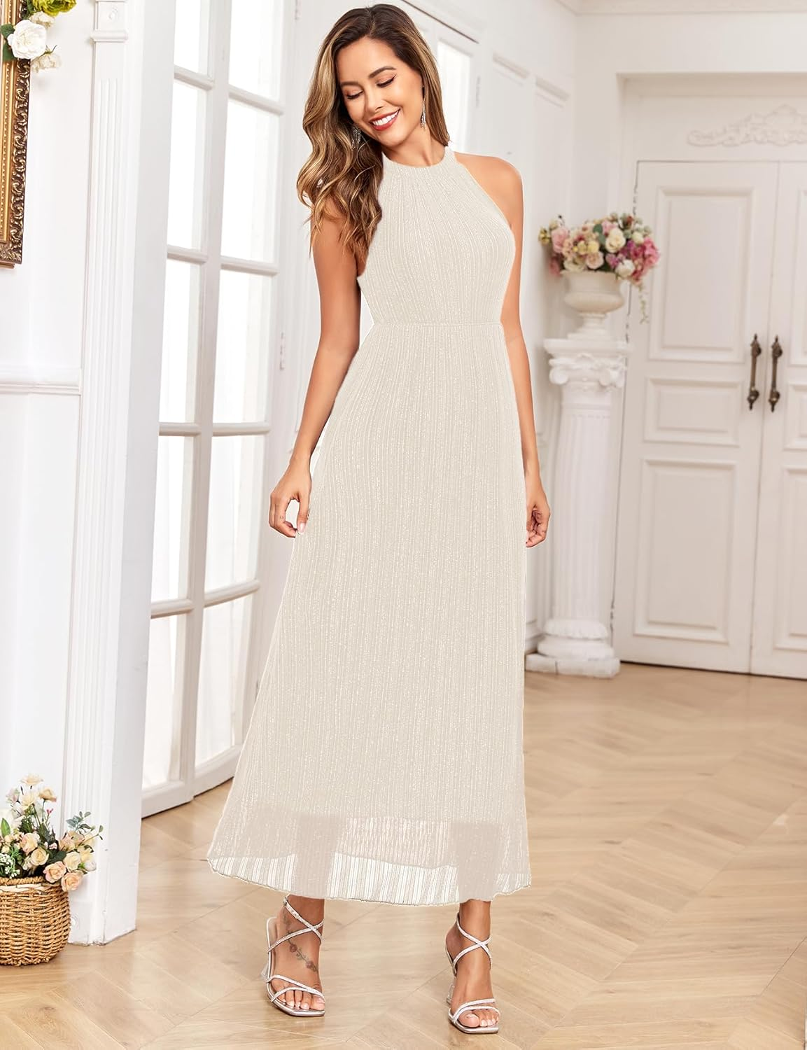 Maternity Sparkly Mesh Dress Halter Neck Sleeveless a Line Pregnancy Dresses Semi Formal Baby Shower Photoshoot image number 5