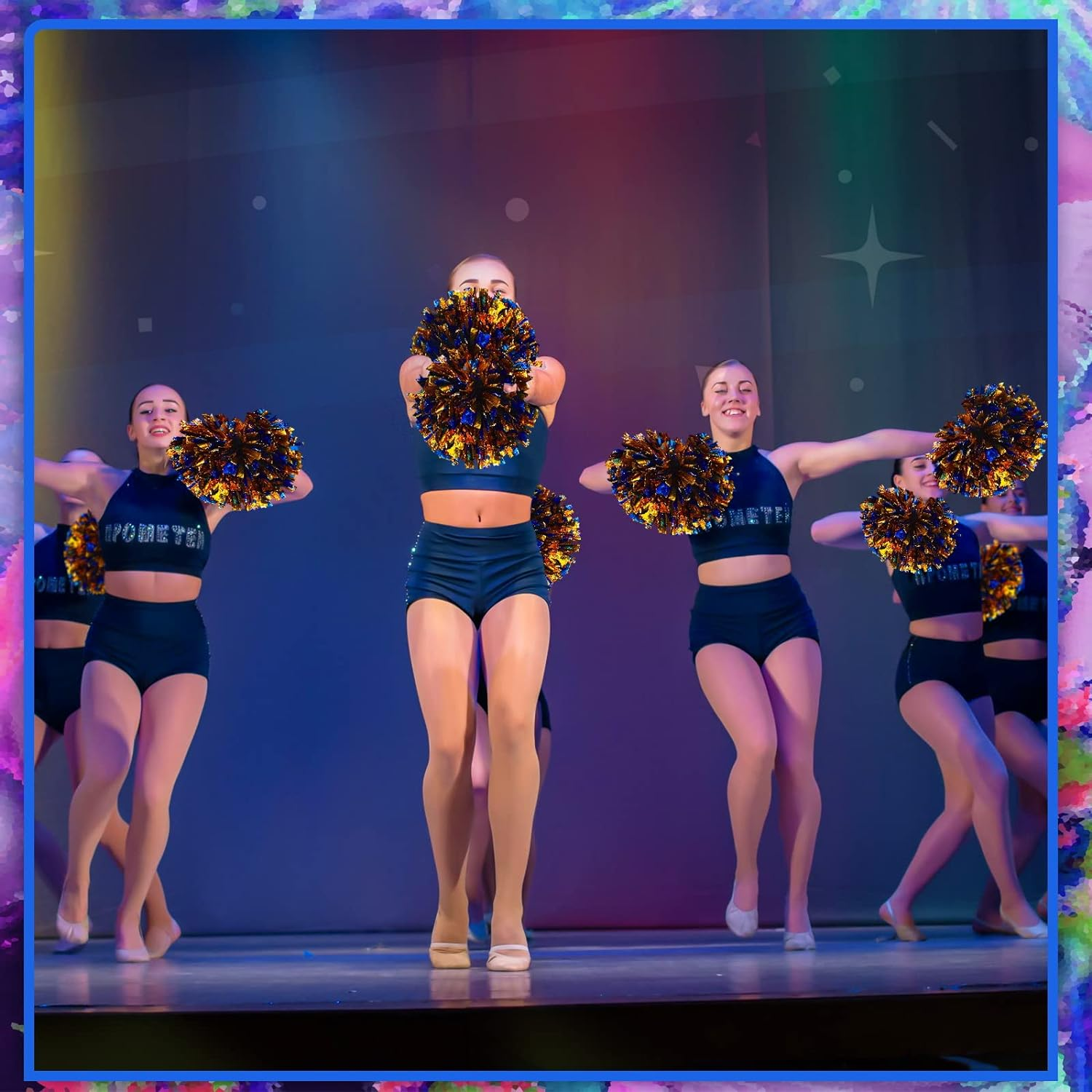 24 Pcs Metallic Foil Cheerleading Pom Poms with Plastic Finger Holes Cheerleader Pom Poms 80G Cheer Pom Poms for Dance, Matches, Team Sports, Stage Performance, Carnival Celebration (Blue/Gold) image number 6