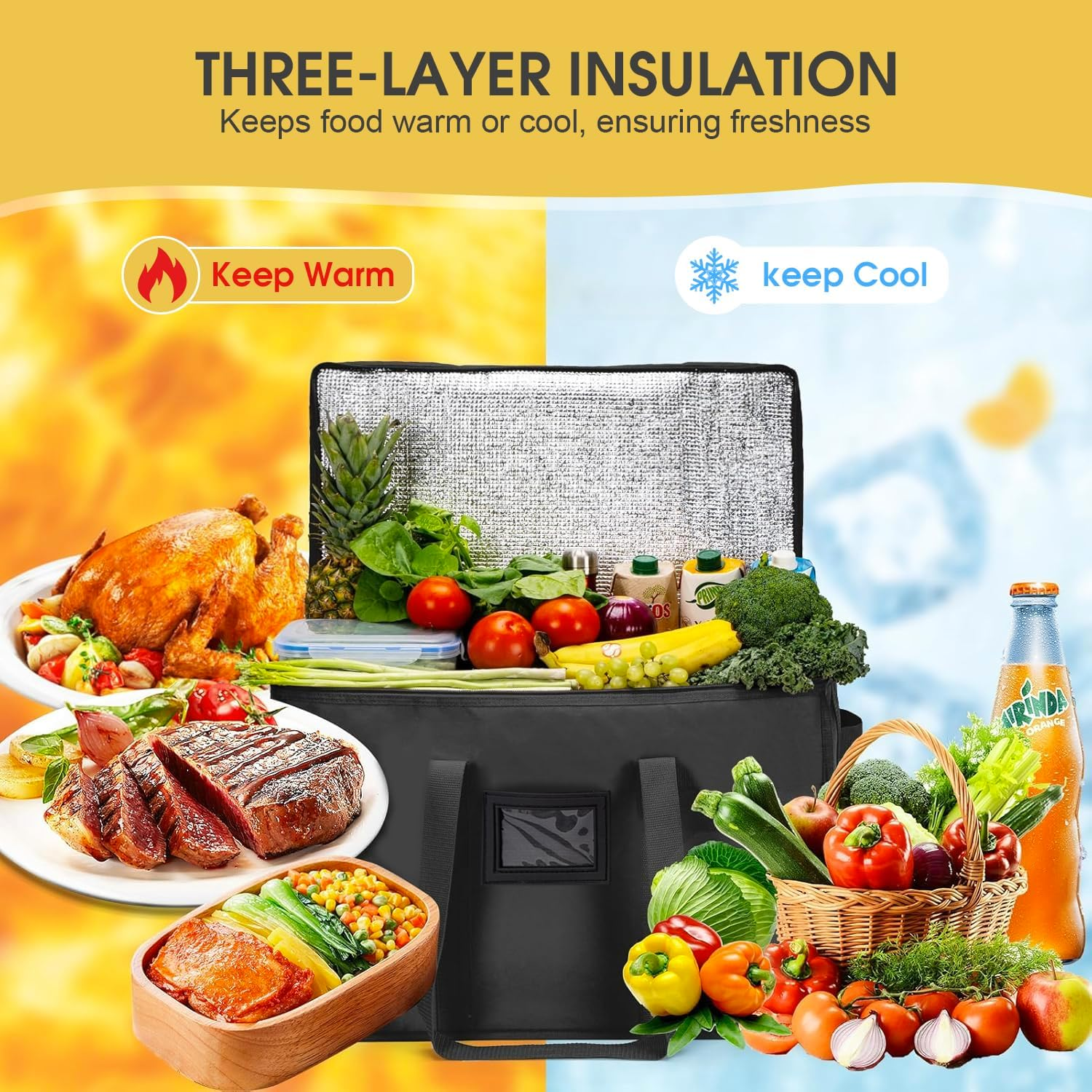 Large Insulated Delivery Bag, 43L/70L Cooler and Food Warmer, Reusable Insulation Pizza Warmer for Catering, Collapsible Grocery Shopping Tote image number 6