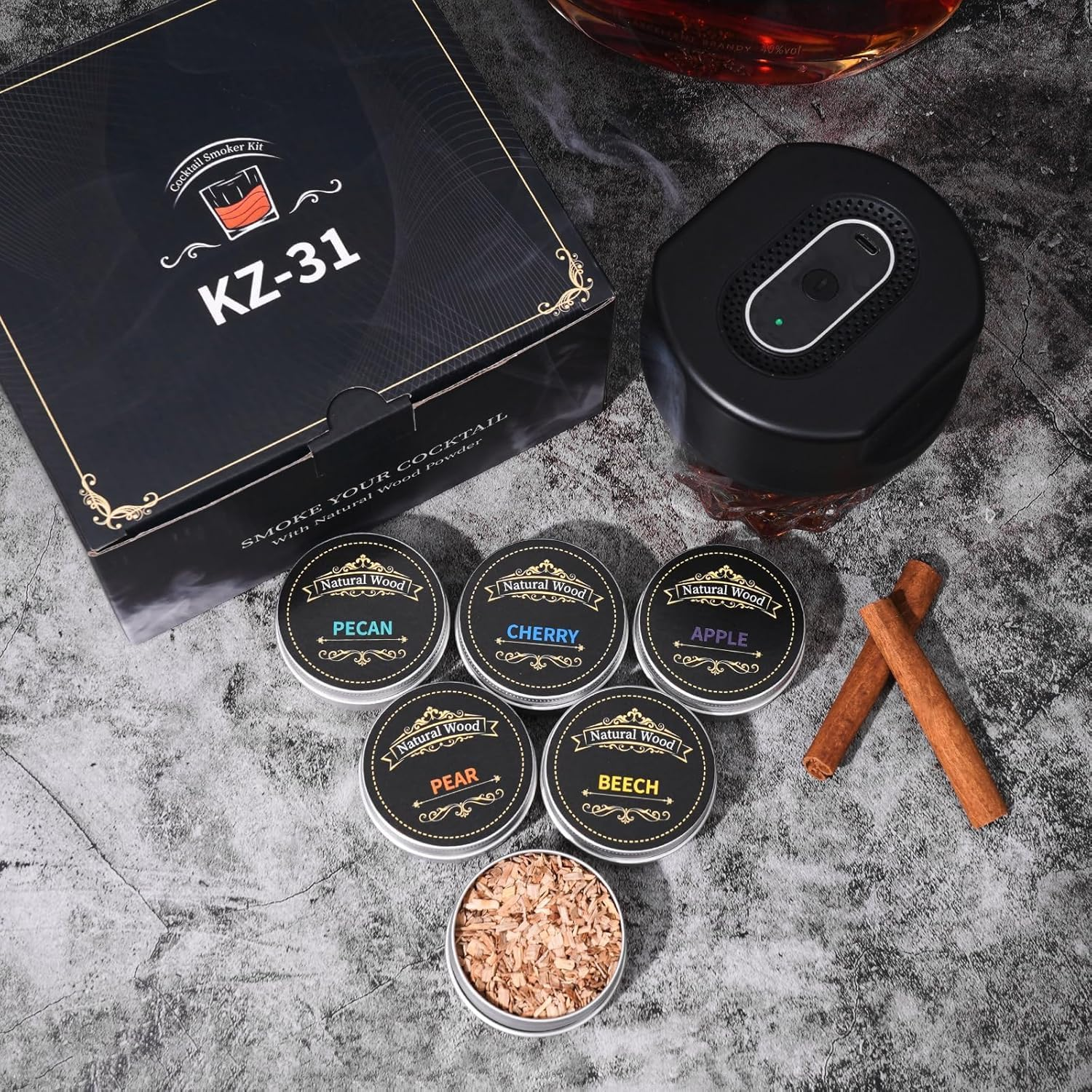 Electric Whiskey Smoker Kit, Built-In Lighter, Rechargeable, No Butane Needed, with 6 Natural Wood Chips for Cocktails & Old Fashioned Drinks - Bourbon Whiskey Gifts for Men, Dad, Husband image number 4