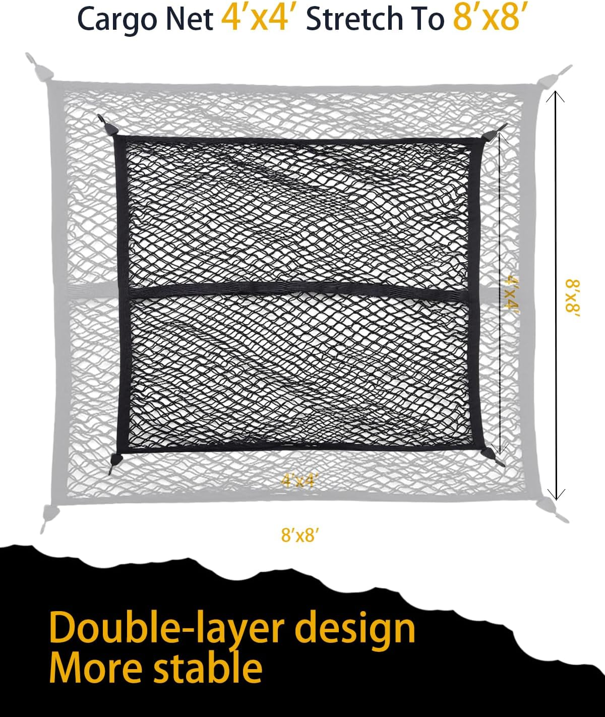 Truck Bed Cargo Net 4'X4' Expandable to 8'X8' | Heavy Duty Elastic Cargo Net for Pickup Truck Bed & SUV Roof Racks | Fits Ford Chevy Dodge Toyota Jeep Trailer with Metal Carabiners (Double-Layer Net)