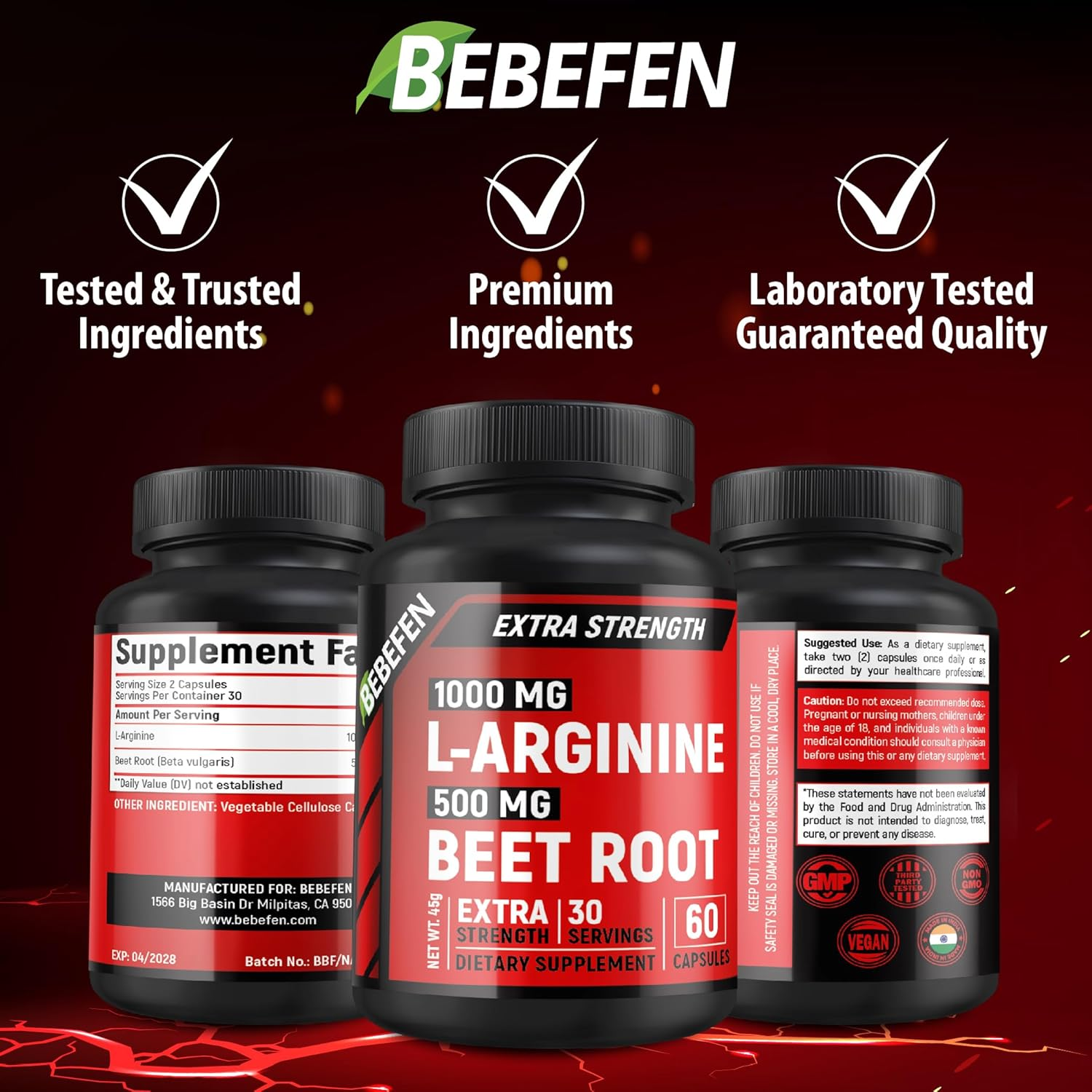 L-Arginine 1000Mg + Beet Root 500Mg Nitric Oxide Production- Non-Gmo, 90 Vegetarian Capsules image number 3