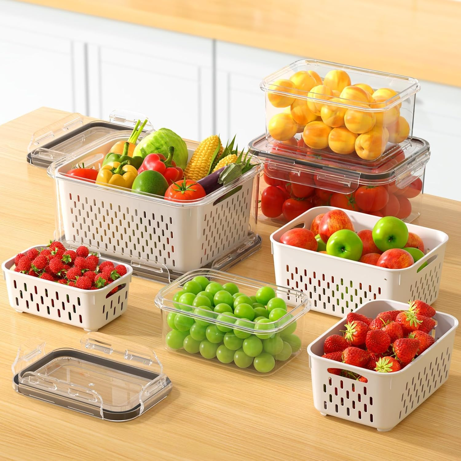 Fruit Storage Containers, 4 PCS Vegetable Container for Fridge with Removable Colanders, Freezer-Sealed Drained Fruit Containers for Fridge, Keep Fruit Fresh and Dishwasher Safe, Food-Grade image number 1