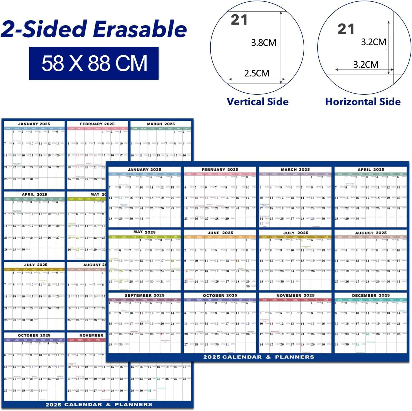 2025 Wall Calendar Erasable Large, 58 X 88 Cm, Wet & Dry Erasable Laminated 12 Month Annual Yearly Planner, Reversible, Horizontal/Vertical, Includes 2 Erasable Pens & Double-Sided Adhesive Pad image number 4