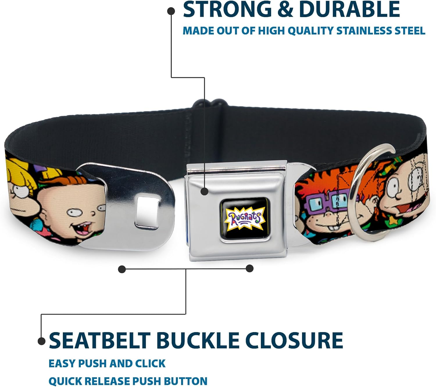 Buckle-Down Dog Collar Seatbelt Buckle Rugrats Character Faces Close up 16 to 23 Inches 1.5 Inch Wide, Multicolor, DC-WRR001-WM