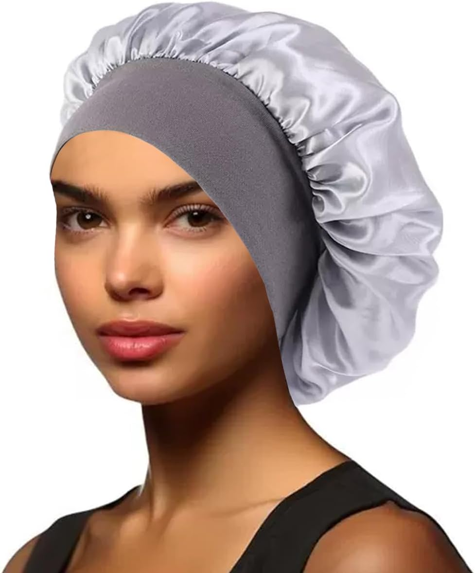 Yotsuba Silk Bonnet for Sleeping, Satin Bonnet for Curly Hair, Hair Wrap with Wide Elastic Band for Women, Soft and Breathable Sleeping Cap Headwear (Grey)