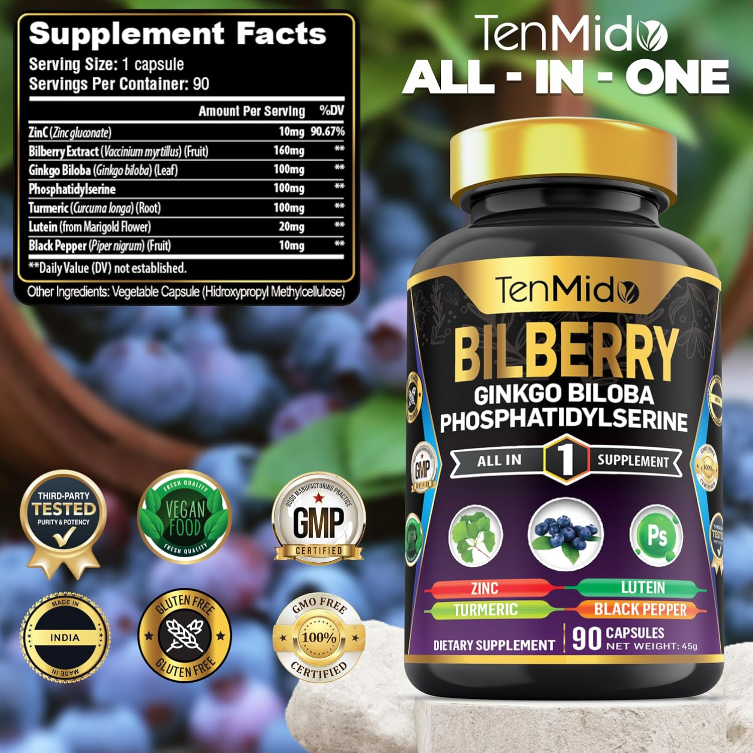 Tenmido Bilberry Extract Capsules - 7In1 with Zinc, Ginkgo Biloba, Phosphatidylserine, Turmeric, Lutein & Black Pepper - 90 Vegan & Non-Gmo Capsules