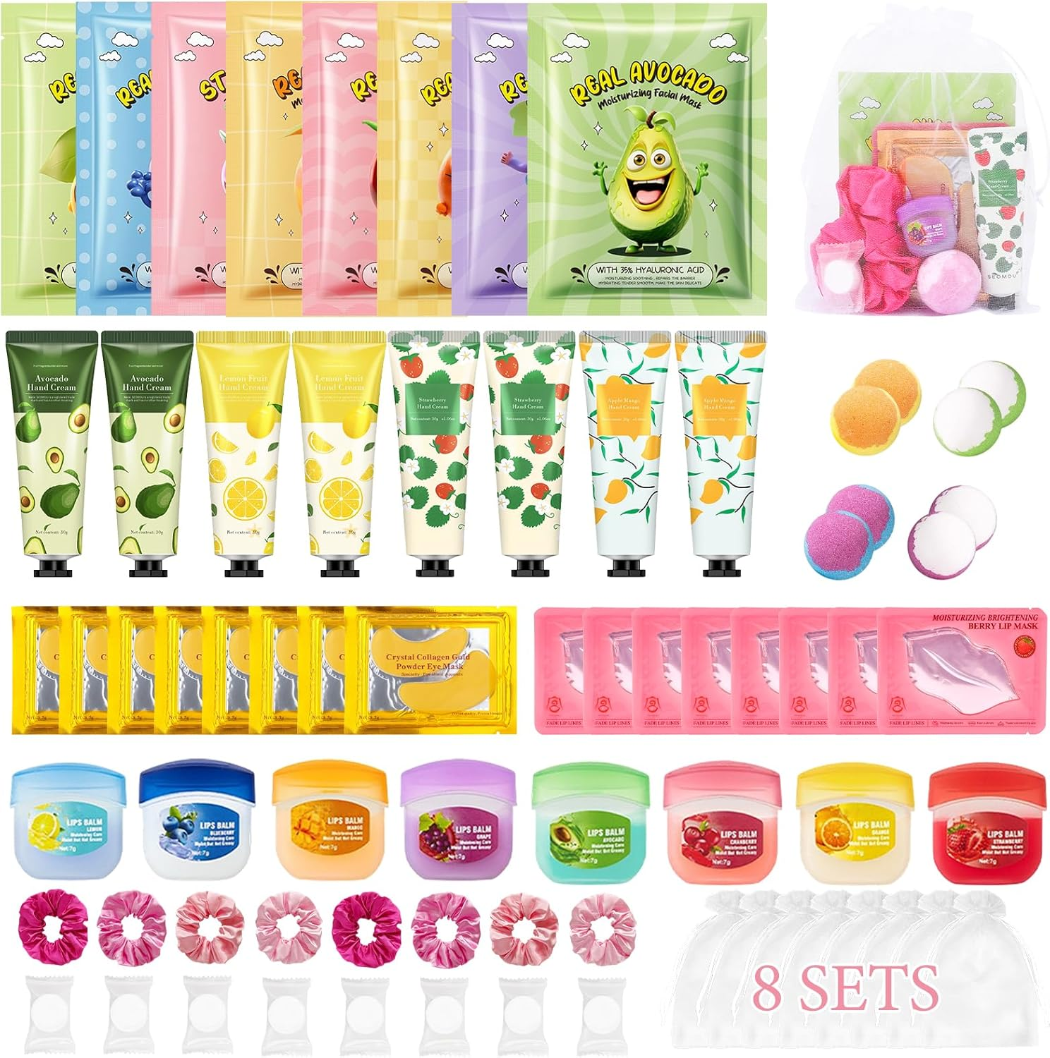 Erinde 60 PCS Spa Party Supplies for Girls, Spa Party Favors Include Face Masks Skincare, Hand Cream, Lip Balm, under Eye Patches, Lip Mask, Foot Bath Bombs, Bulk Birthday Sleepover Party Supplies