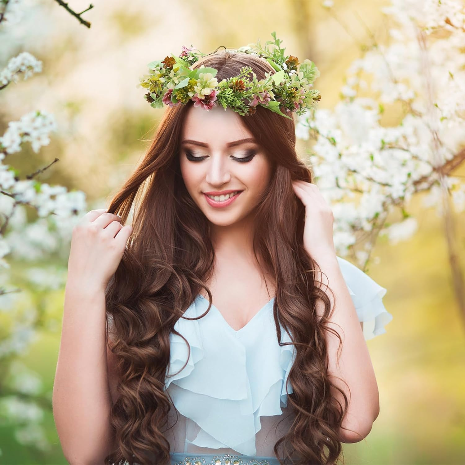 Flower Wreath Hair Headband Set Handmade Autumn Flower Crown with Hair Wreath & Comb for Wedding Bridal Festival Girls Photo Shoot Gift image number 4