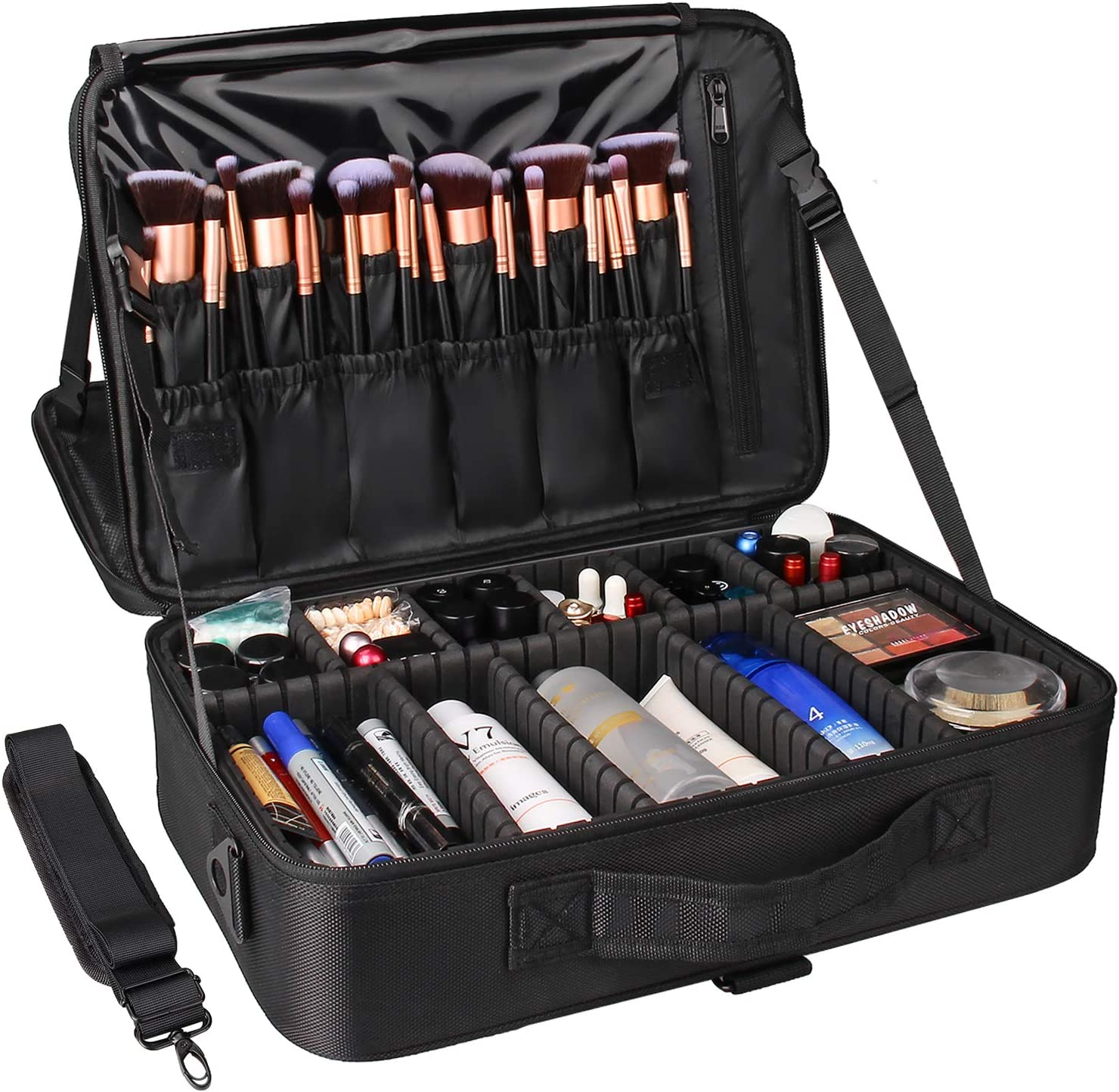 Samtour Makeup Train Case Cosmetic Bag Professional Brush Organizer and Storage Travel Make up Artist Box 3 Layer Large Capacity with Adjustable Strap (Leather Black, Large)