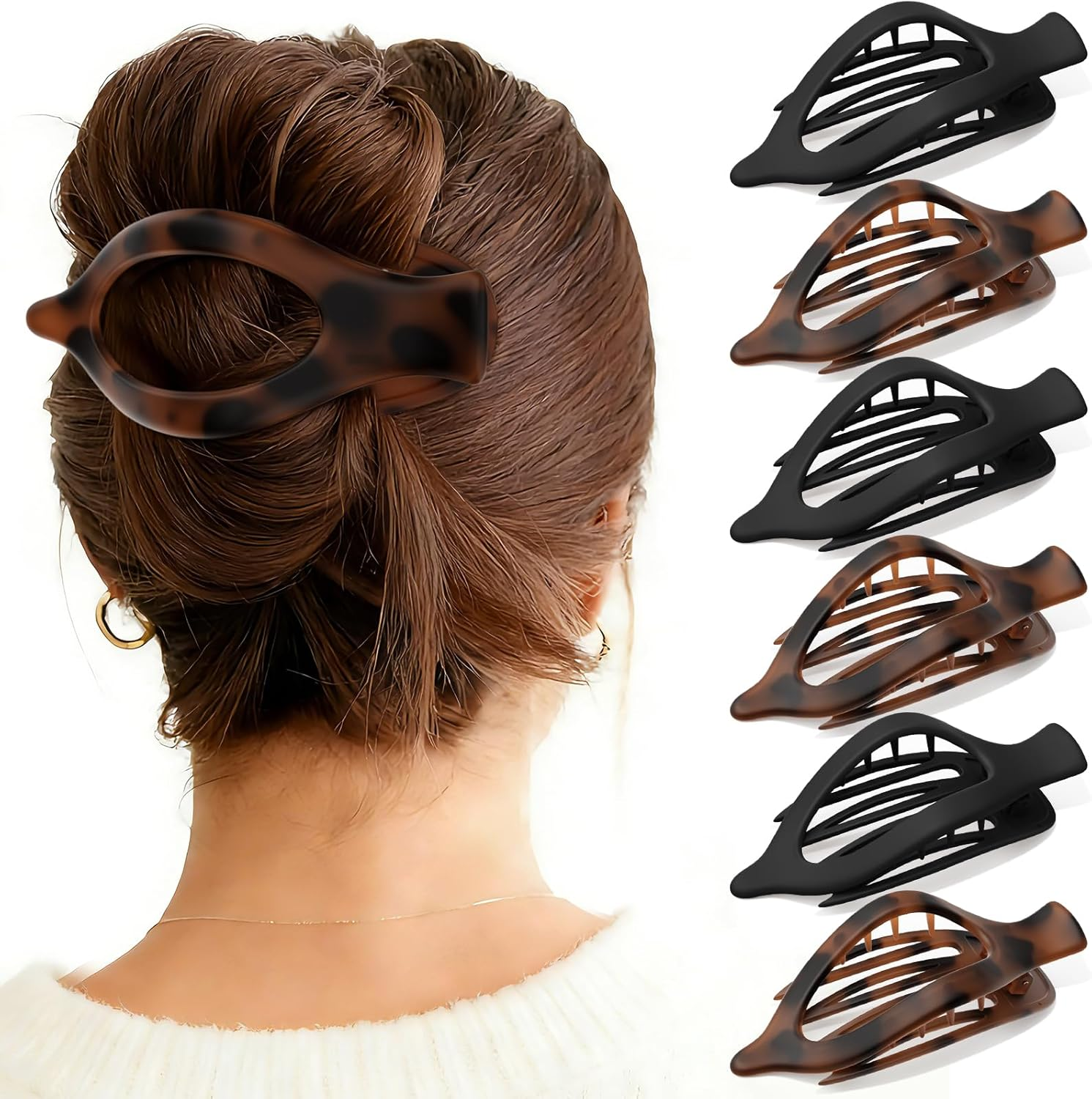 Oeusnael 4 PCS Large Flat Hair Clips for Women Girls, French Concord Lay down Hair Claw Clips for Thick Thin Hair, Matte Non-Slip Strong Hold Hair Accessories (Tortoise)