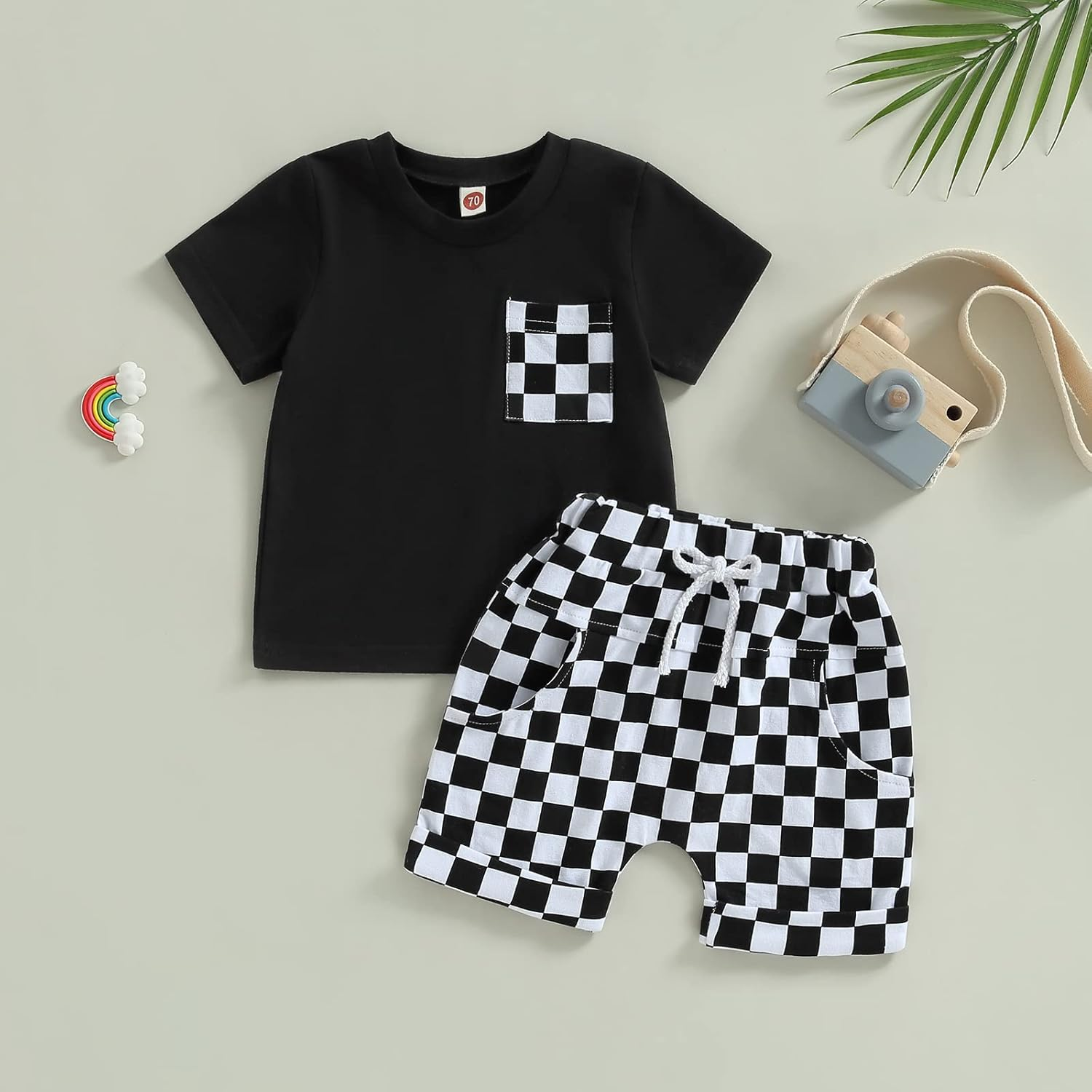 Karuedoo Baby Boy Girl Summer Outfits Checkered Plaid Short Sleeve T-Shirt Top Shorts Set Trendy Toddler Checkerboard Outfit