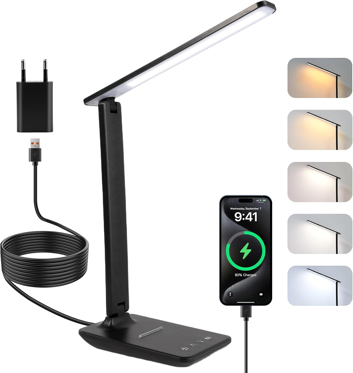 LED Desk Lamp, Dimmable Table Lamp, LED Table Lamp with 5 Colours and 5 Brightness Levels, Reading Lamp with USB Charging Port, Touch Control for Children, Bedroom, Reading, Offices, Black image number 4
