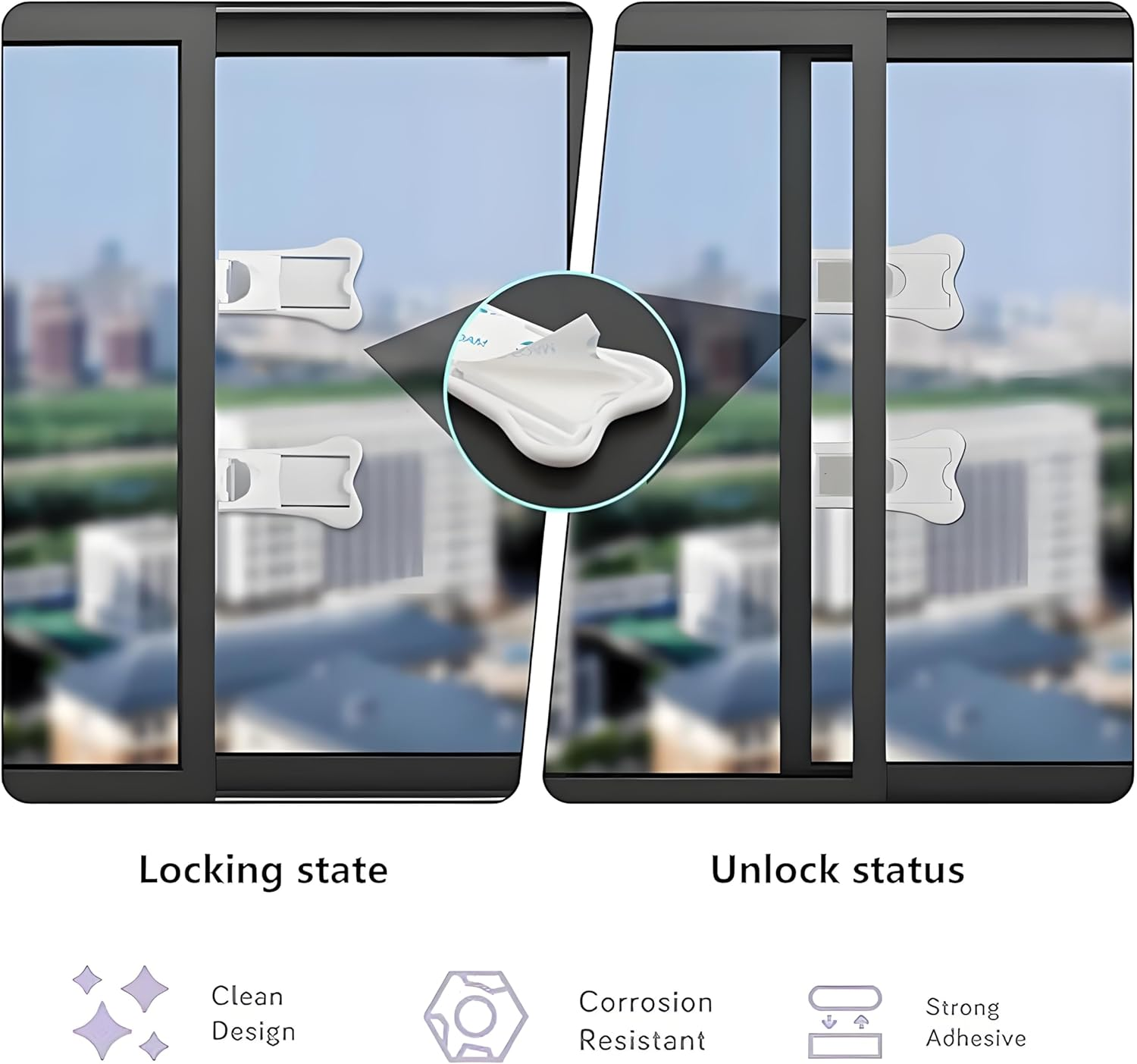 Sliding Door Lock for Safety, 4 Pack No Drill Adhesive Security Latches for Sliding Glass Doors Cabinets and Windows image number 6