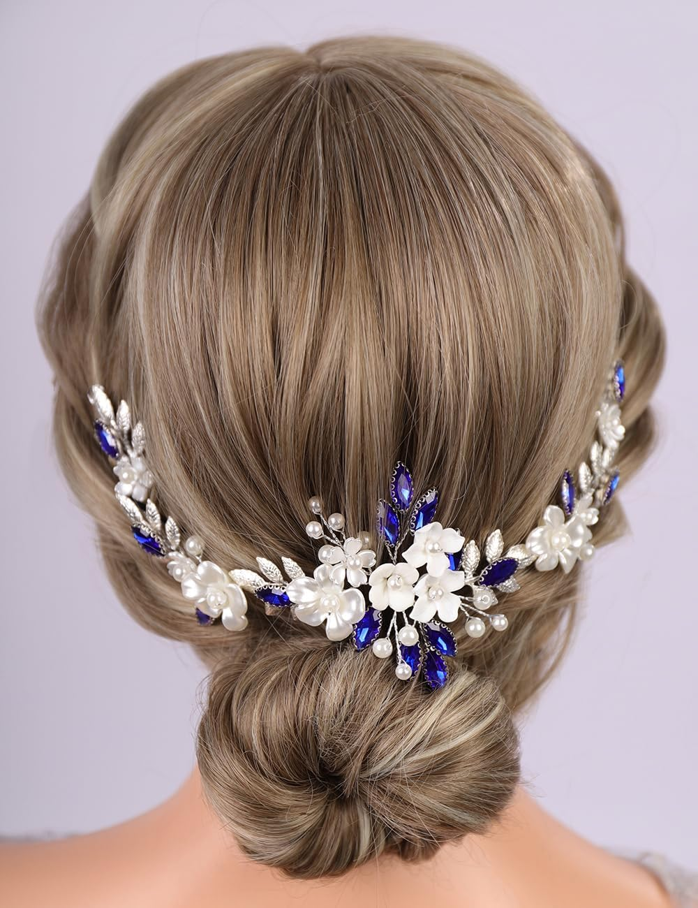 Teyglen Silver Leaf Flower Hair Vine Floral Flower Headpiece Blue Crystal Bride Wedding Headband Bridal Hair Accessories for Women Silver Rhinestone Pearl Hair Piece (Blue)