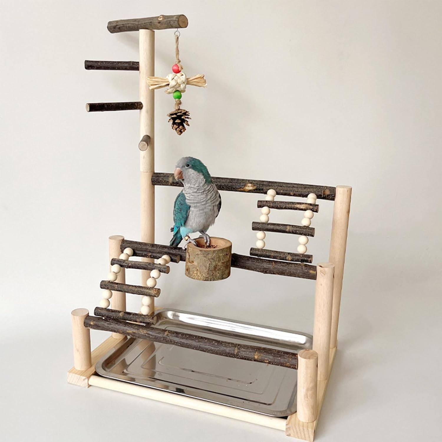 Generic Parrot Playstand - Interactive Large Bird Stand Playground, Parrot Playground Stand, Natural Bird Cage Exercise Toy, Parakeet Cage Accessories with Feeding Cups for Parakeet