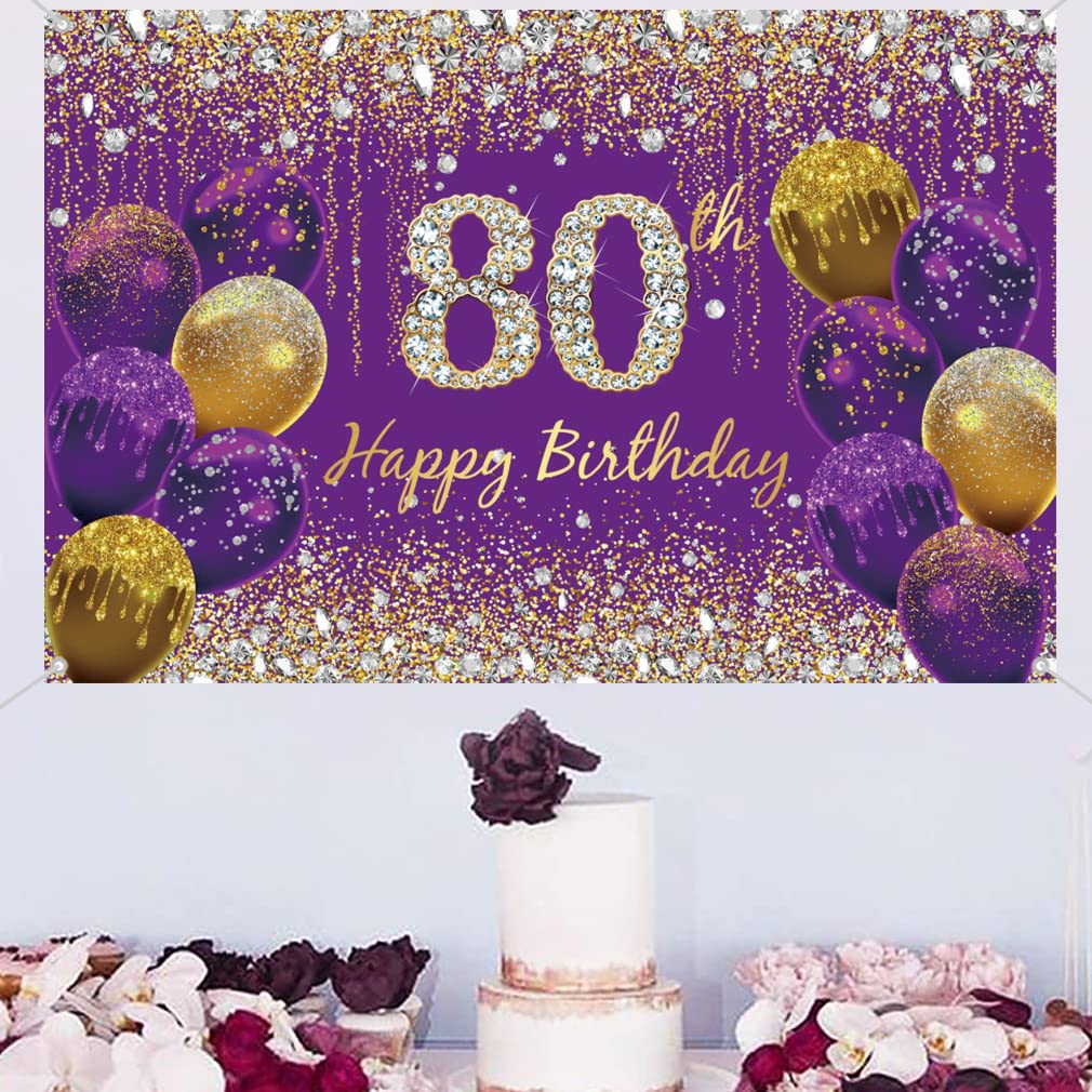 80Th Birthday Decoration for Women, Glitter Purple Fabric Sign Poster 80Th Birthday Party Decoration Background Banner Woman, 59"X35.4" image number 3