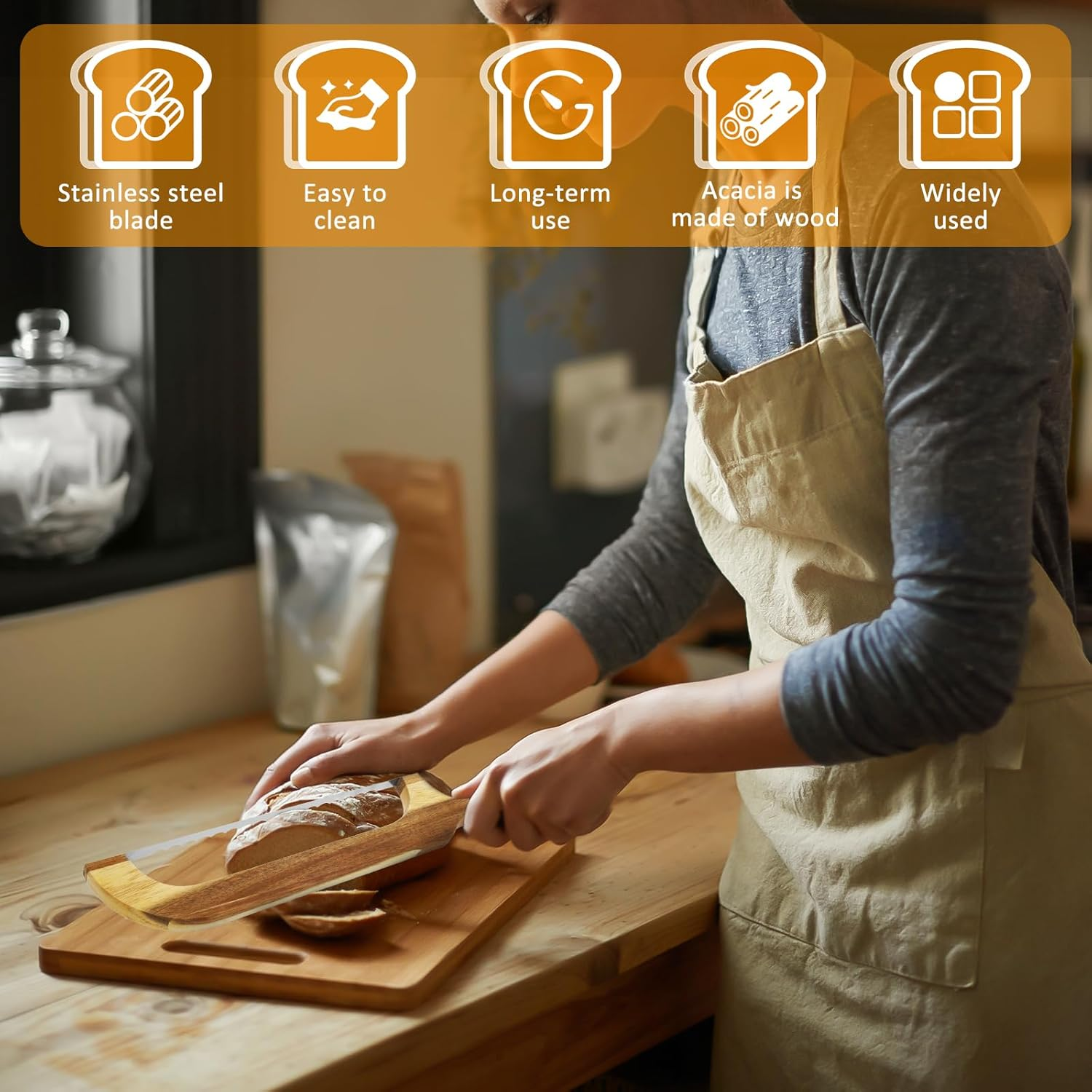 Sourdough Slicer Knife, Bread Bow Slicer, Stainless Steel Bread Cutting Tool, Food Grade Bread Slicer with 2 Spare Blade + 2 Knife Guards for Sourdough Loaf Baguettes Bagels image number 4