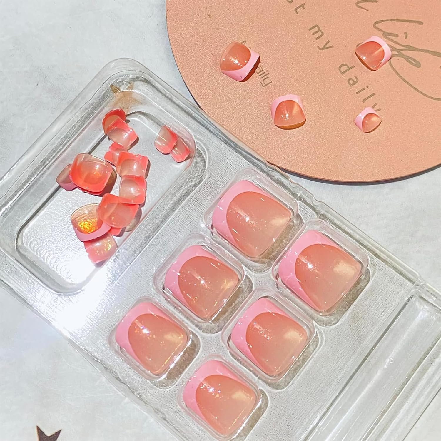 NATOSU Pink French Tip Press on Toenails Short Glitter Fake Toenails Square Shape Fake Toenails Cute Designs Full Cover Stick on Toenails for Women image number 4