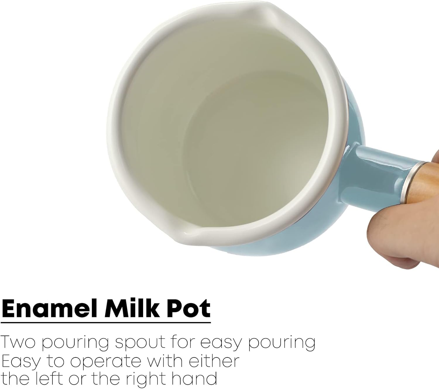 0.6Qt Mini Enamel Milk Pot Insulated Wooden Handle 2 Pour Spouts Small Food Warmer Cute Saucepan (D015,Mint Green) image number 2