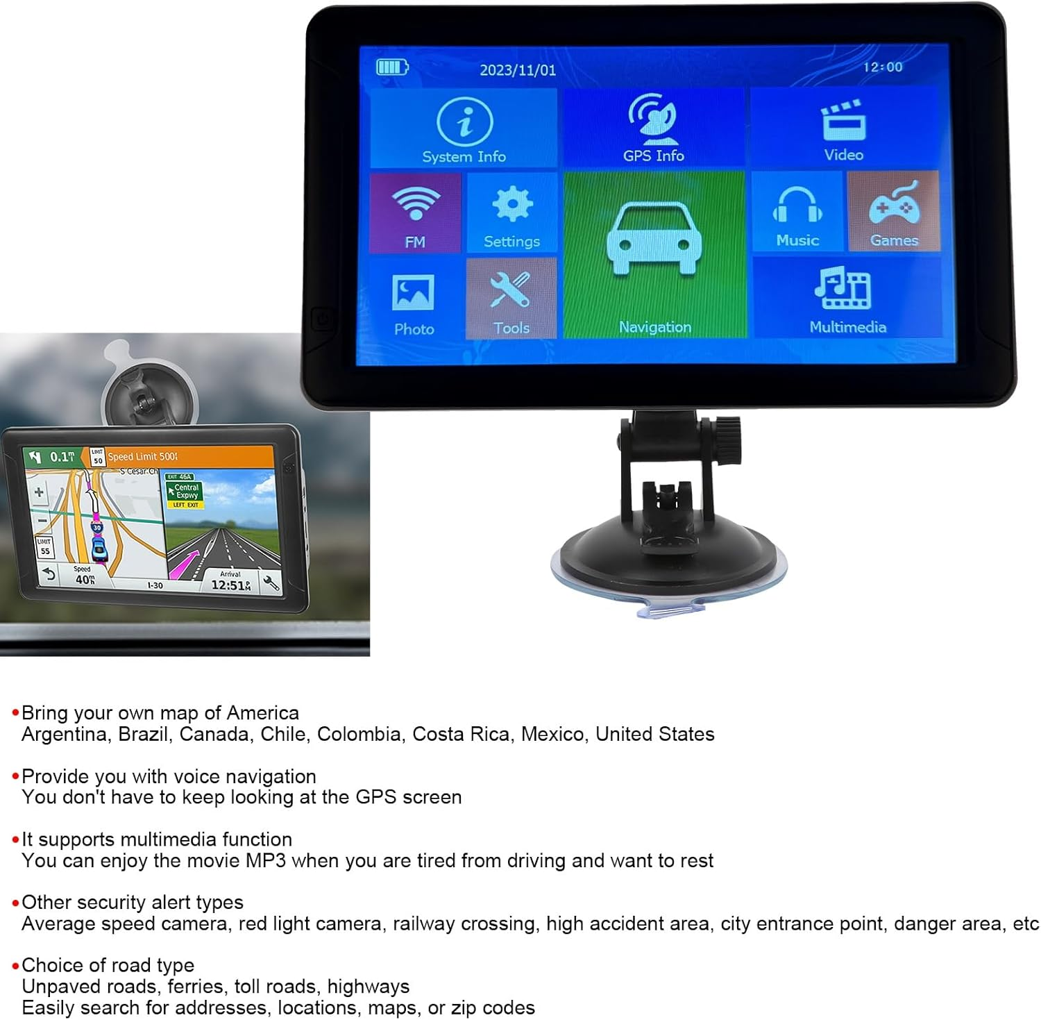 9In Car GPS Navigation Large POI Voice Guidance Touch Screen 800&times;480 Portable for Car Truck Drivers GPS Navigator Real Voice Direction Lane Guidance Multimedia Player image number 4