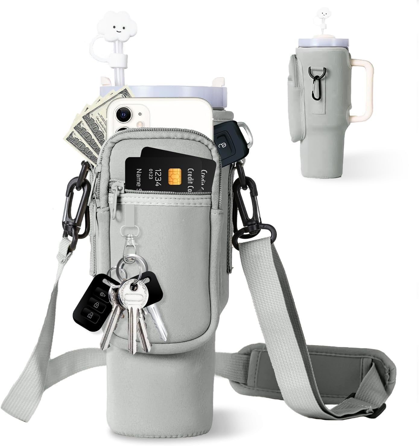 Dabria Water Bottle Carrier Bag with Phone Pocket for Stanley 40/30 Oz Tumbler Neoprene Water Bottle Holder Pouch with Adjustable Strap Bollus with Straw Cover & Carabiner for Stanley Cup Accessories