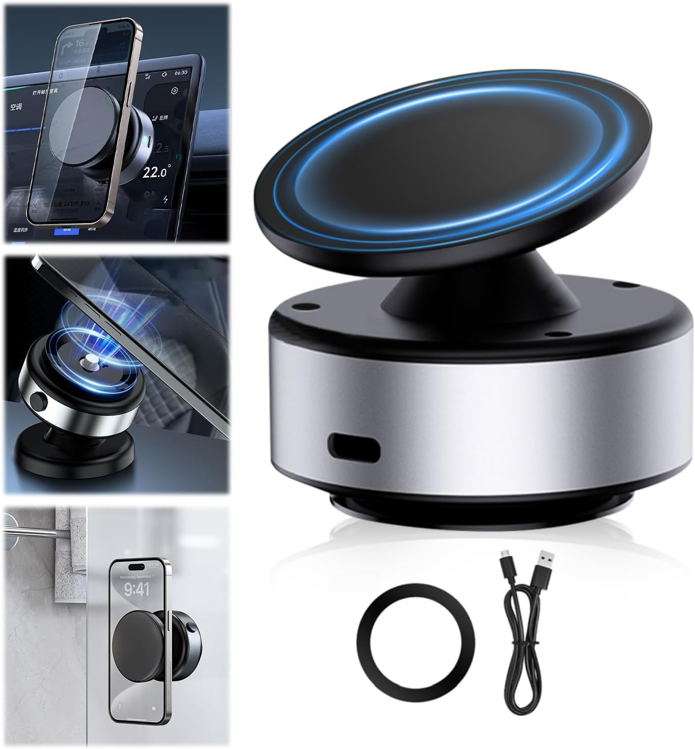 Xkimos 360&deg; Rotating Vacuum Magnetic Phone Holder, Double-Sided Strong Adsorption Car Phone Holder Charger, Hands-Free Magnetic Car Phone Holder for All Phones, Can Absorb All Smooth Surfaces (Black)