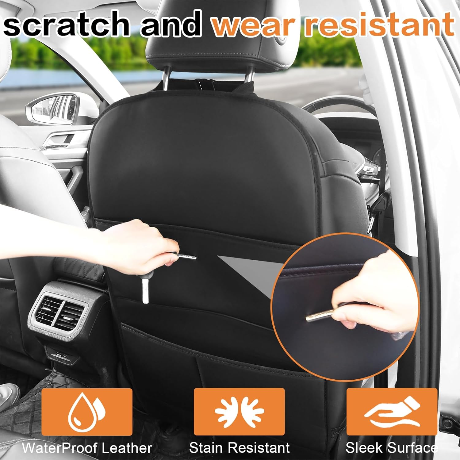 Car Seat Protector Kick Mat【1 Pack】Universal Leather Waterproof Auto Seat Back Covers with 3 Storage Pocket, Backseat Car Organizer Travel Accessories, against Dust Mud Scratches (Black) image number 4