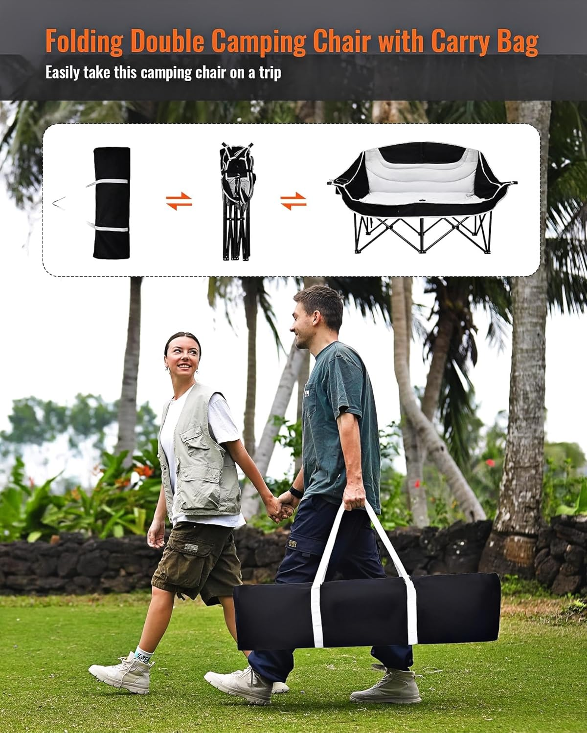 Double Camping Chair, Oversized Heavy Duty Loveseat for Adults Portable Folding XL 2 Person Couch Padded Comfortable Two Seat with Cup Holder for Outdoor Lawn Backyard XL 2 Person Black/Grey image number 1