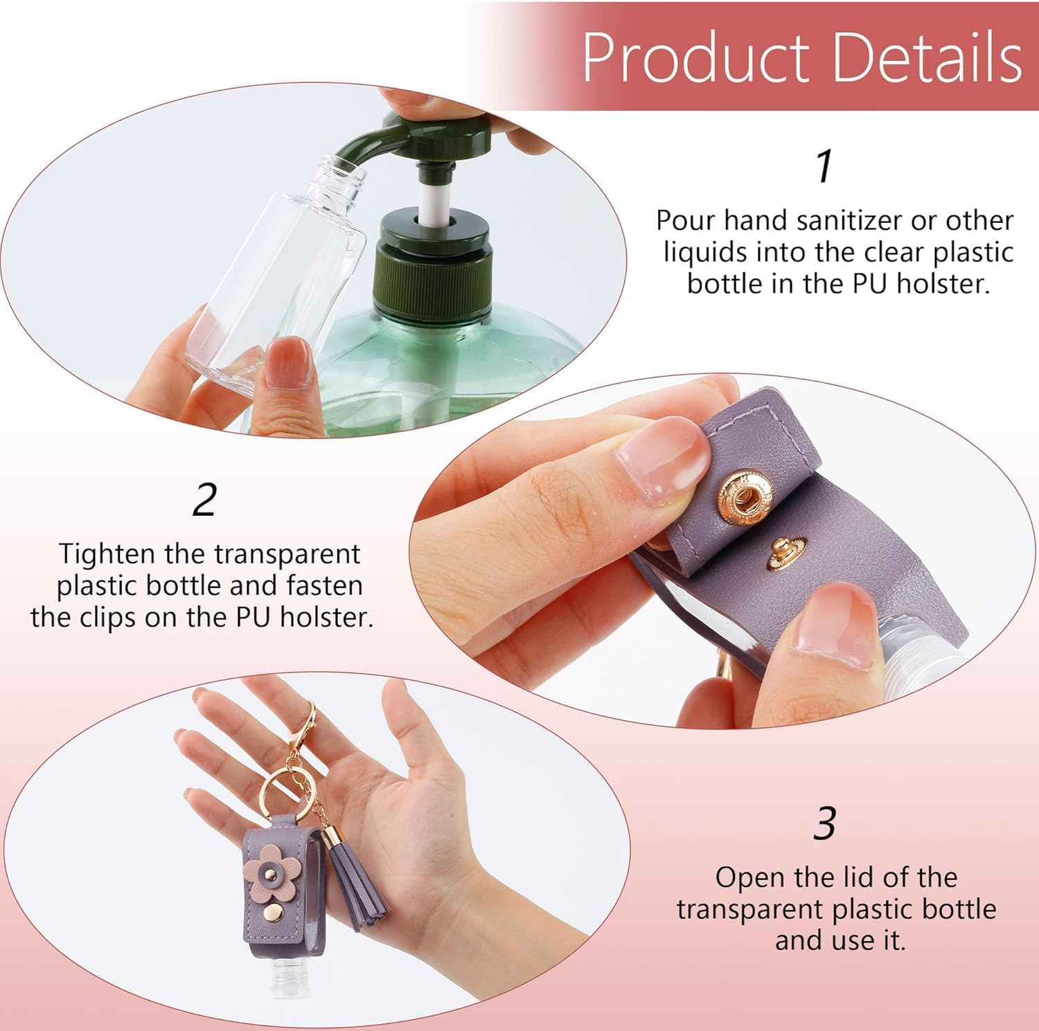4Pcs Hand Sanitizer Keychain, Portable Leather Empty Bottles, 30Ml Squeeze Bottle Refillable Containers, Cute Hand Sanitizer for Toiletry Lotion Liquid Soap Shampoo (Pink, Blue, Purple, Yellow) image number 1