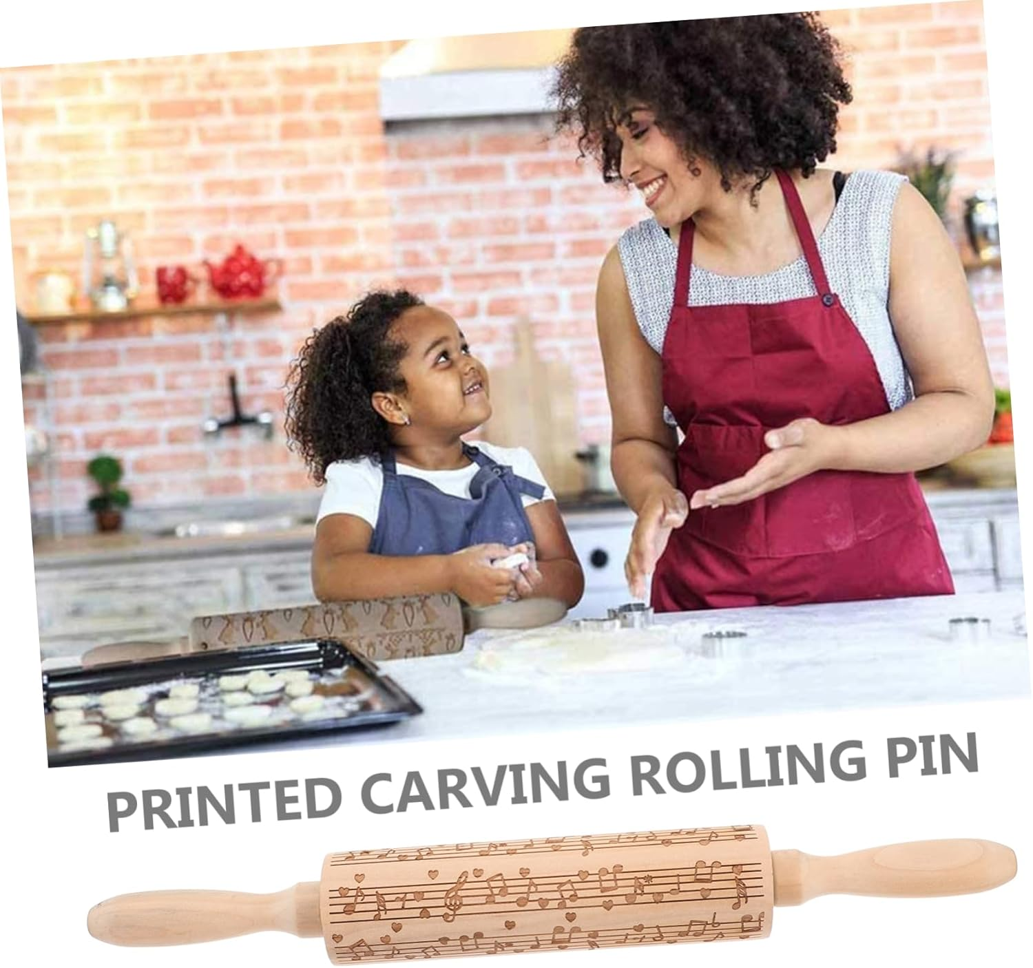 Engraved Wooden Rolling Pin for Baking with Smooth Dough Roller Nonstick Dough Press Stick Reusable Pastry Rolling Pin image number 1