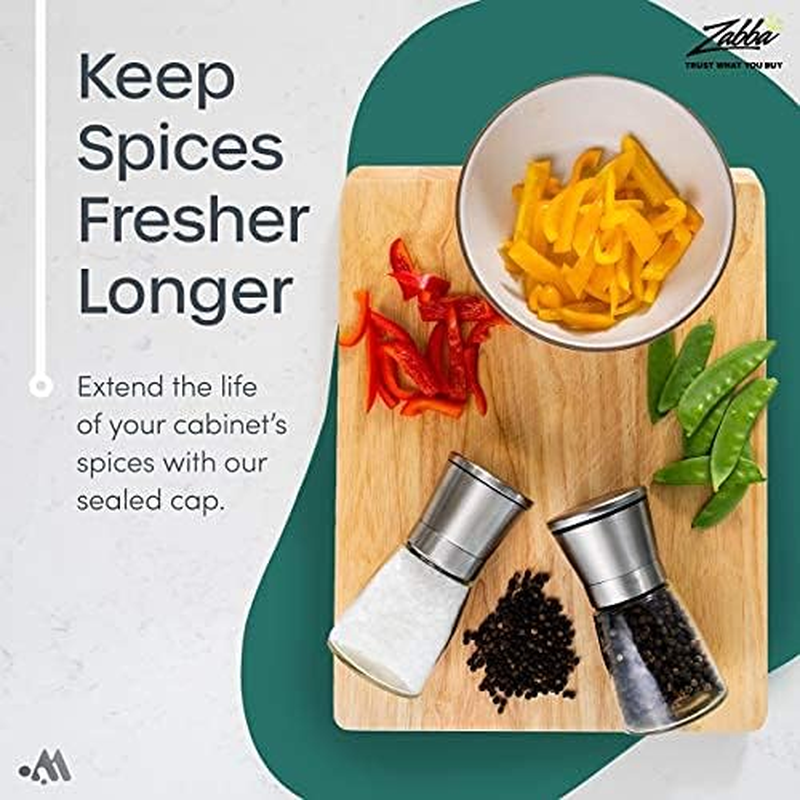 Salt and Pepper Grinder Set with Silicon Stand - Premium Pair of Salt & Peppercorn Mills with Adjustable Ceramic Coarseness - Brushed Stainless Steel and Glass Body Shakers