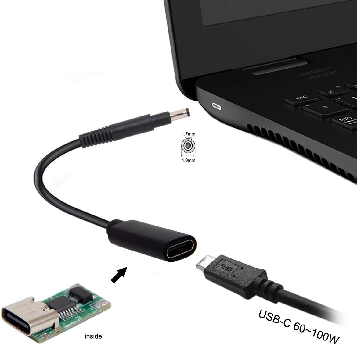 Cablecc Type C USB-C Female Input to DC 4.8X1.7Mm Power PD Charge Cable 65W Fit for Laptop 18-20V - 5.5*2.5Mm image number 3