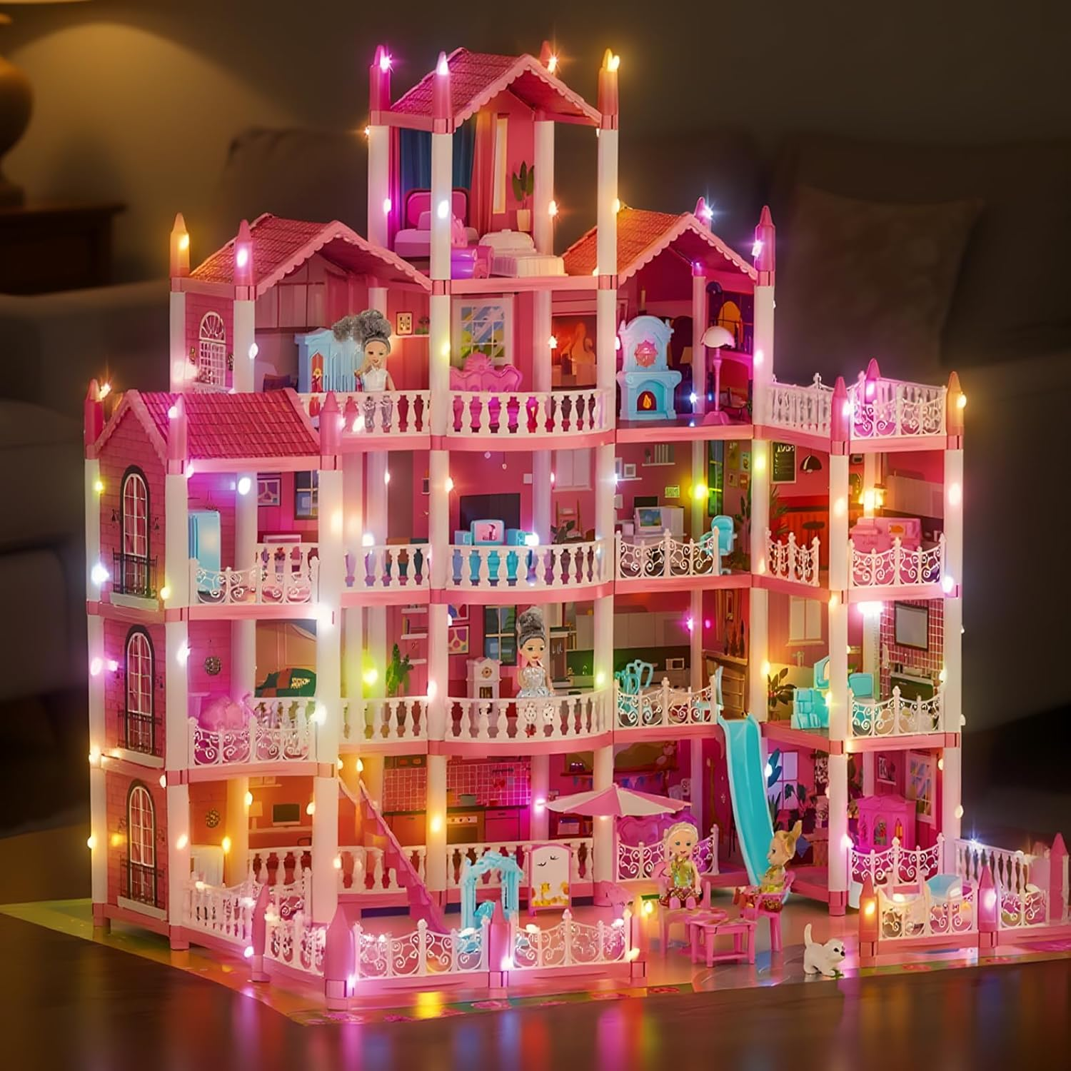 Doll Houses for Girls, Dream Dollhouse Pretend-Play DIY Playhouse Kit Toy - 5-Story 16 Rooms Dollhouse with 4 Dolls & Furniture & Flashing Lights Princess Building Doll House for Ages 3 4 5 6 7 8 image number 1