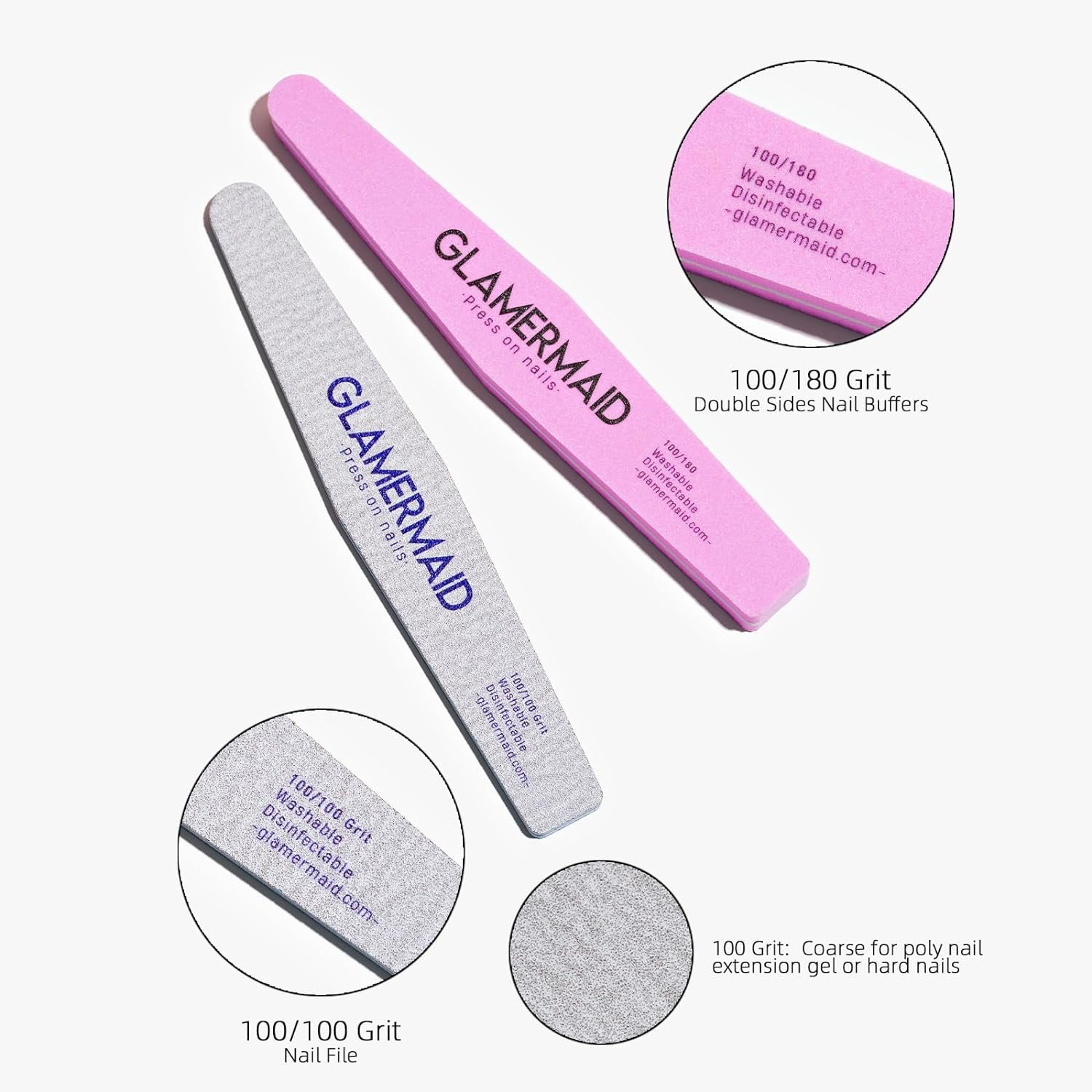 GLAMERMAID Nail File and Buffer Set, Professional Manicure Tools Kits, 100/100 Grit Nail File & 100/180 Grit Nail Buffer, Grey Nail Pedicure File and Pink Sanding Buffing Grinding Plisher File image number 4