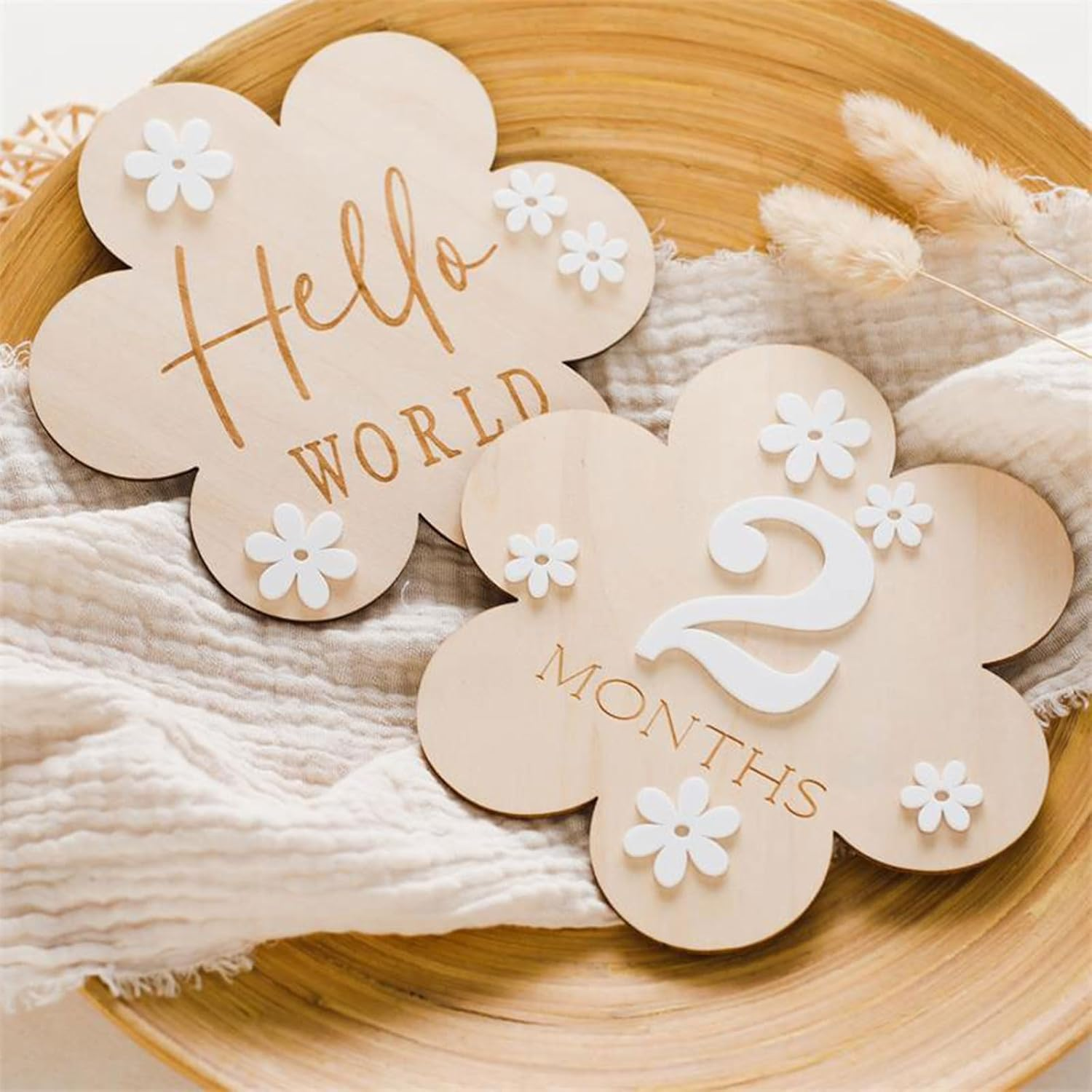 A Set of Baby 1-12 Months Wooden Milestone Baby Growth Record Photo Atmosphere Props,Memorial Photo Prop,Wooden Newborn Milestone Monthly Cards (A-White Number) - A-White Number image number 3