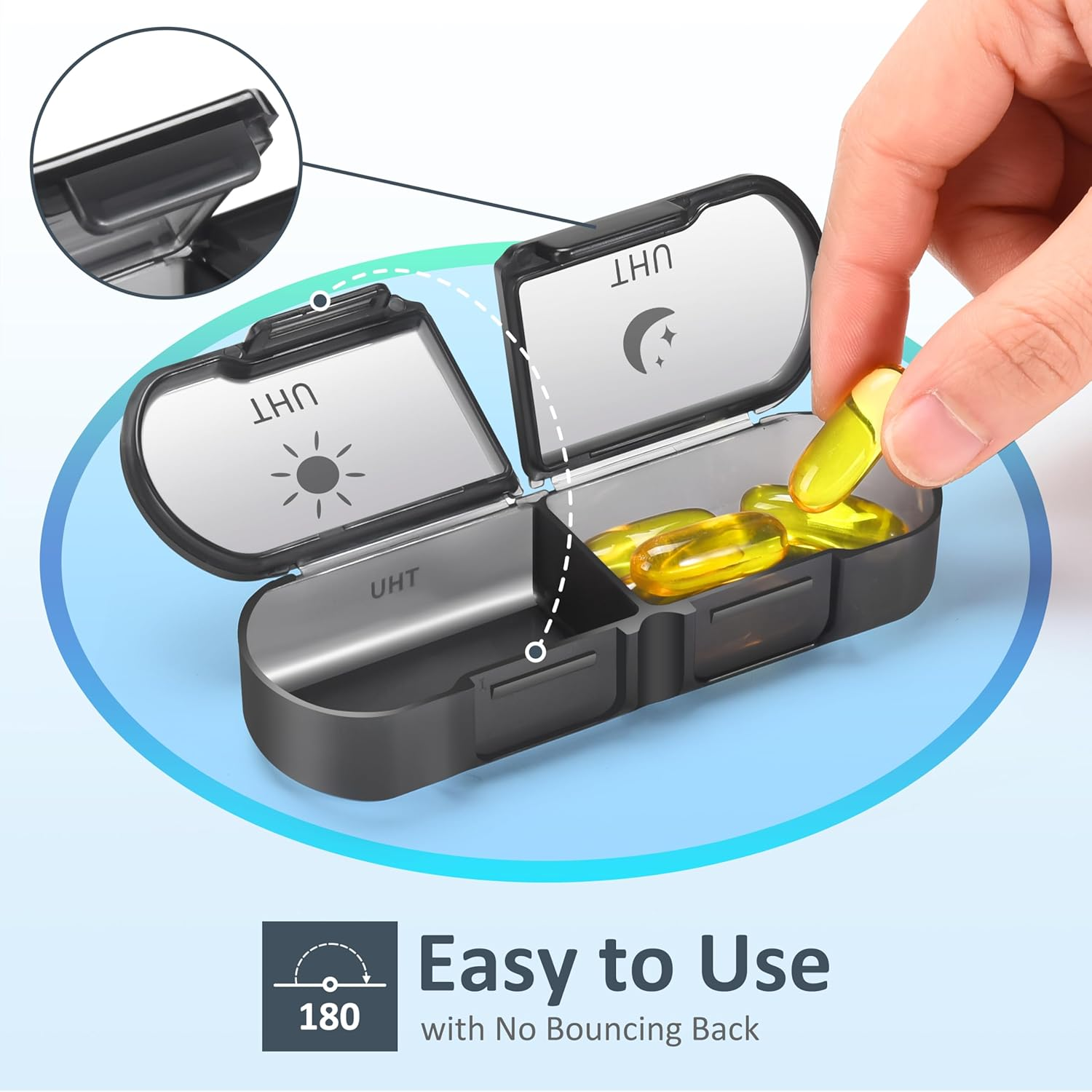 Fullicon Extra Large AM PM Pill Organiser 7 Day &ndash; Weekly Pill Box 2 Times a Day, Travel Medicine Container, Vitamin & Supplement Dispenser, Jumbo Dosette Case for Purse or Handbag (Black) - Black image number 6