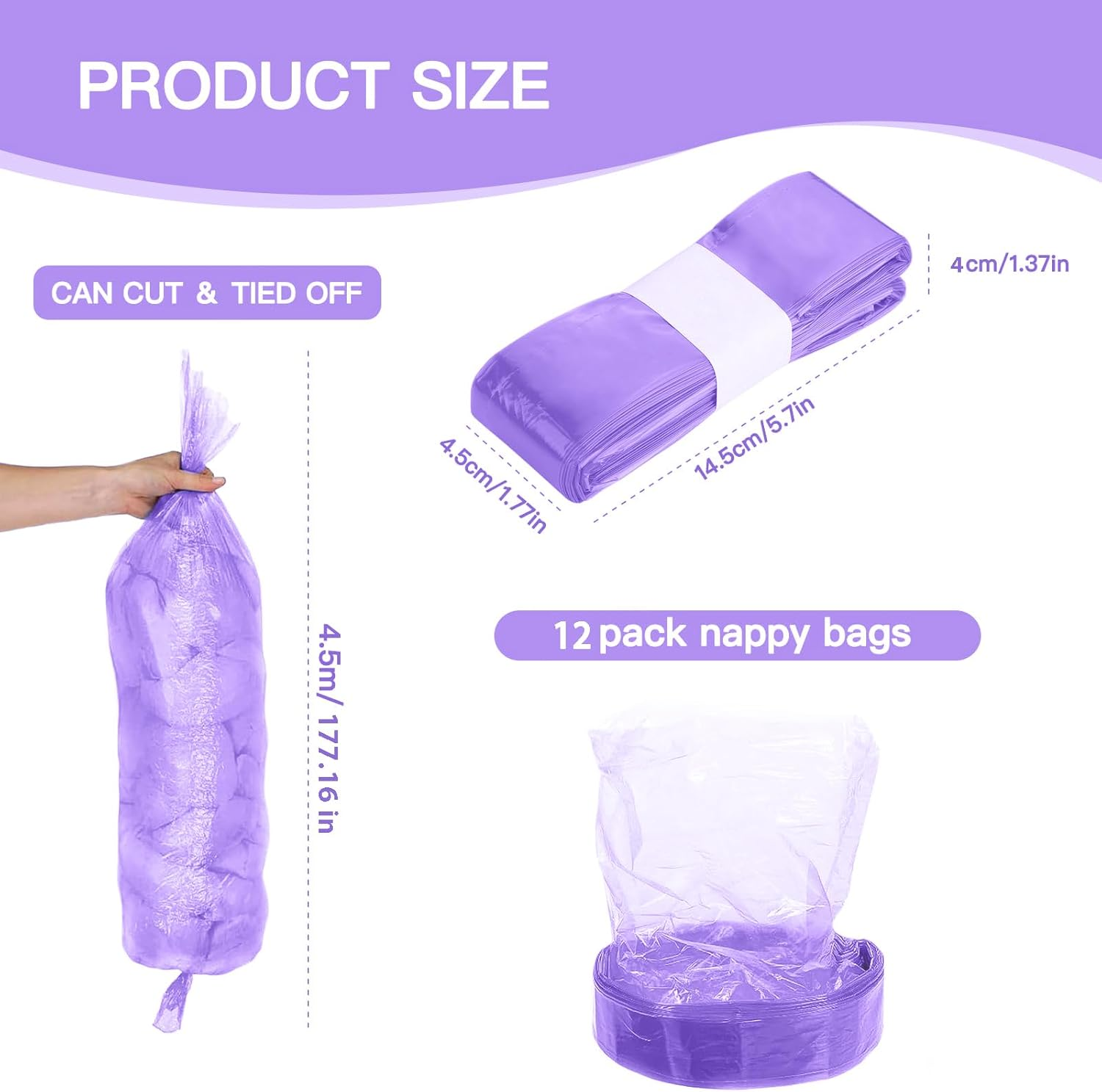 12-Pack Nappy Bin Refill Bags, 4.5M Baby Diaper Bucket Bag Liner Bucket, Eco-Friendly Odor-Proof Diaper Refill Box,Compatible with Angelcare/Tommee Tippee Twist & Click Sangenic (Purple)