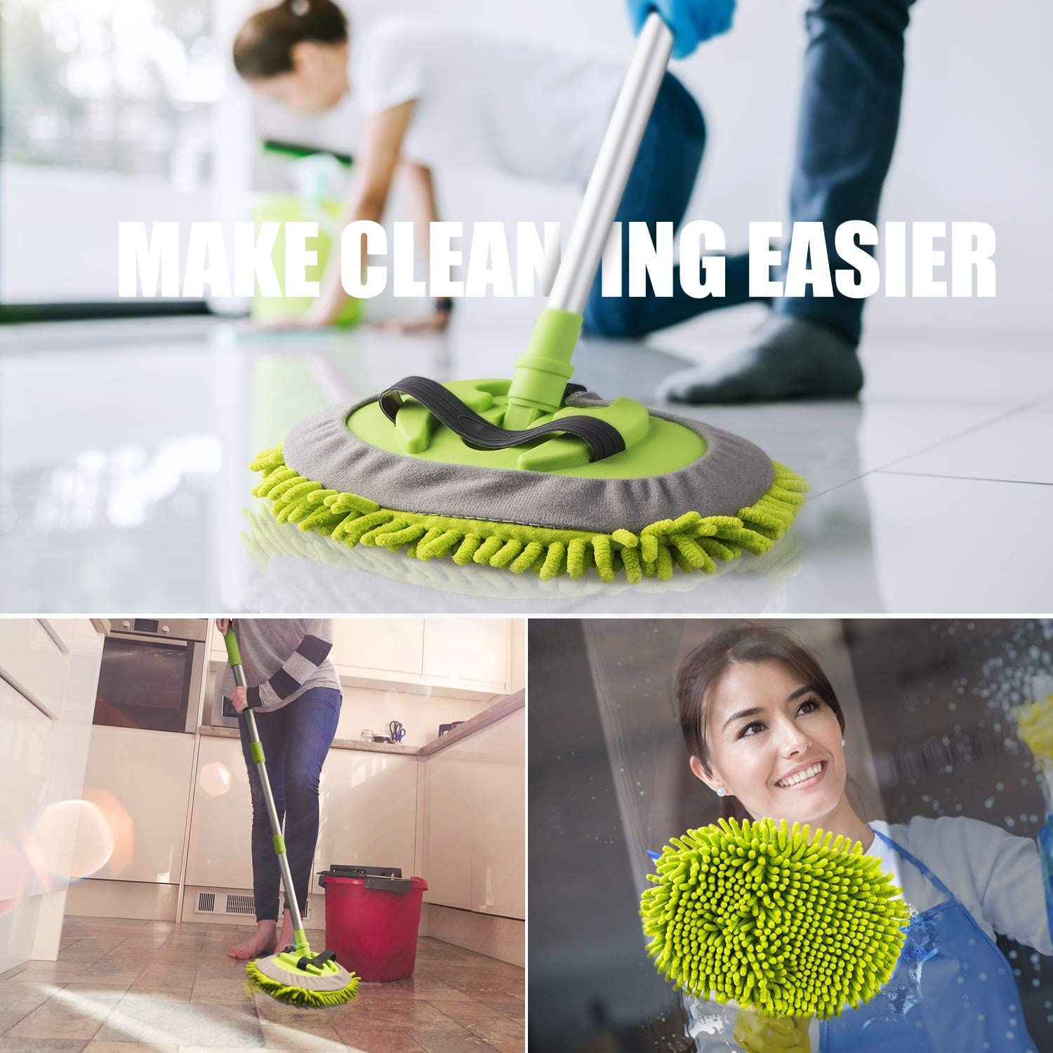 Bluefire 2 in 1 Car Wash Mop Mitt Chenille Microfiber Car Wash Brush with 44.5" Long Handle, 180&deg; Rotation Cleaning Tool Brush Duster for Truck RV Bus(Green) image number 4