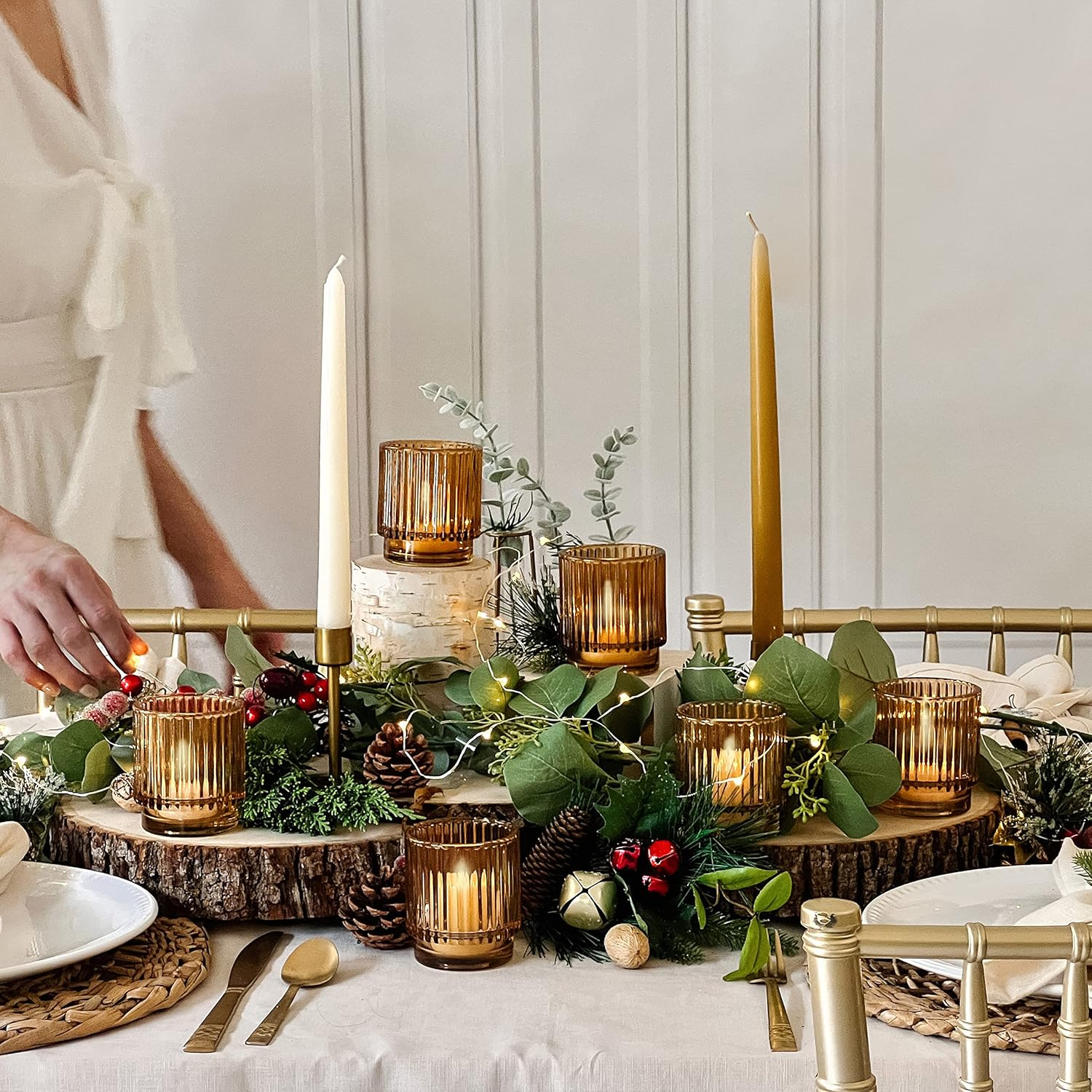 Kate Aspen Vintage Ribbed Amber Glass Tealight & Votive Candle Holders (Set of 6), Fall Decor, Boho Decor, Shelf Decoration (27206AB)