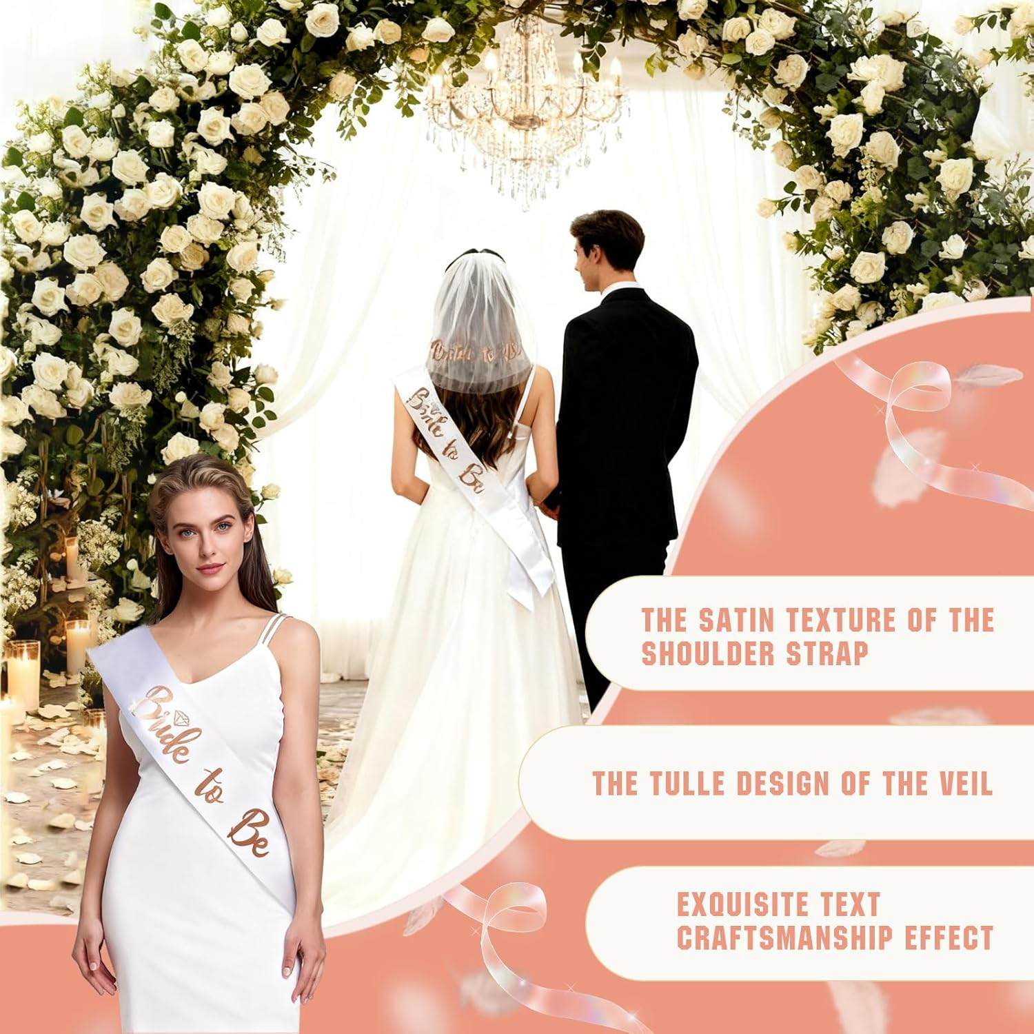 Bride to Be Sash and Veil Set - 1 White Bride to Be Sash, 1 Bride to Be Veil and 6 Team Bride Sashes, for Bridal Shower Decorations, Hens Party Decorations, Bridal Showers, and Hens Parties